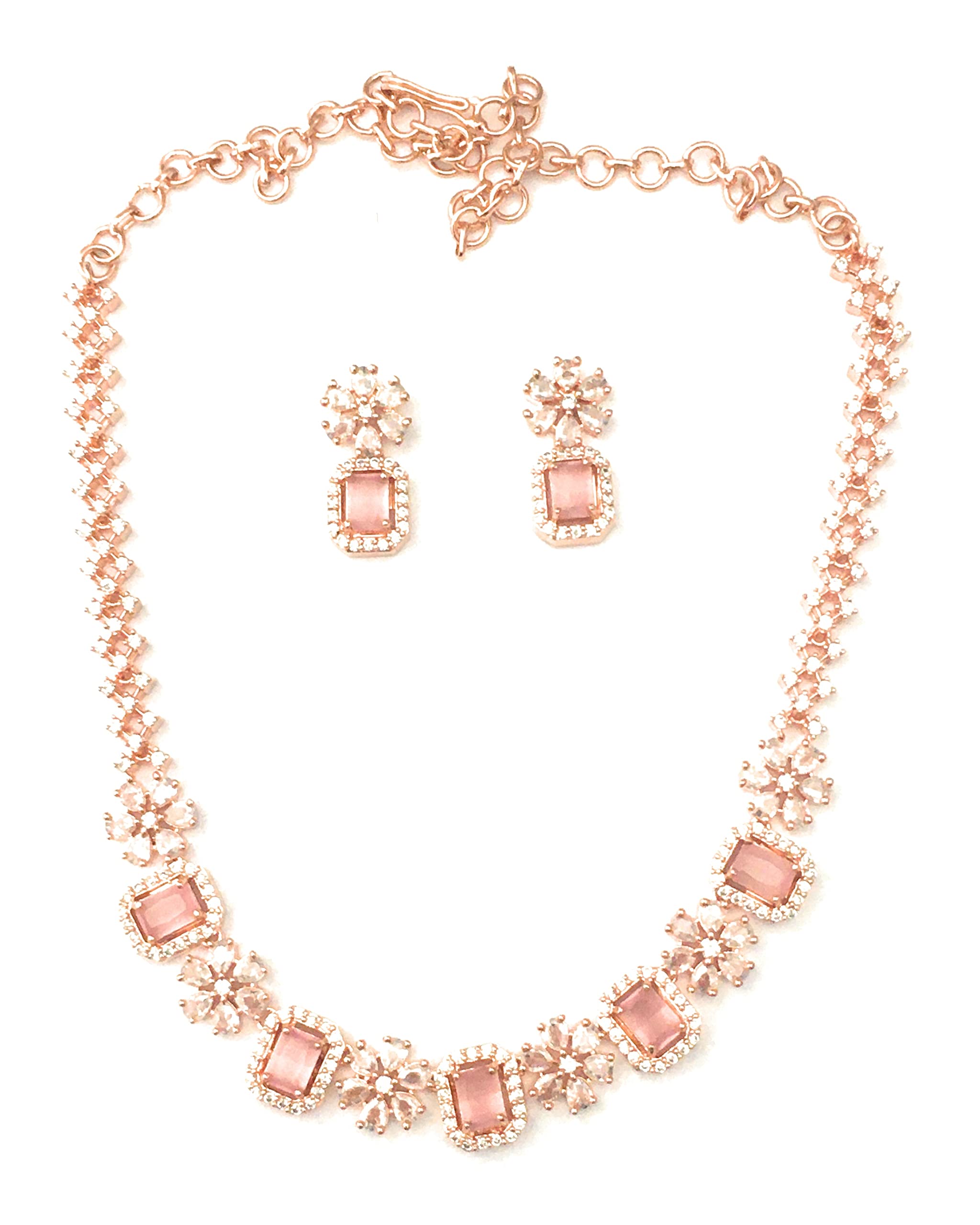 Sasitrends Rhodium Rose Gold Plated AD American Diamond Studded Necklace with Earrings Jewellery Set for Women and Girls (B0C31D5K9Q) Amazon Price History, Amazon Price Tracker