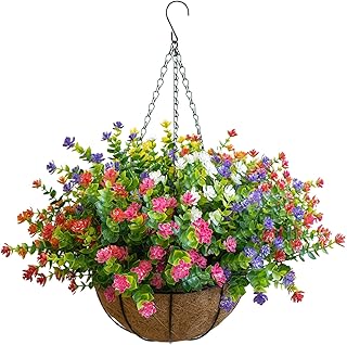 Artificial Hanging Plants Flowers with Basket for Spring Summer Outdoor ...