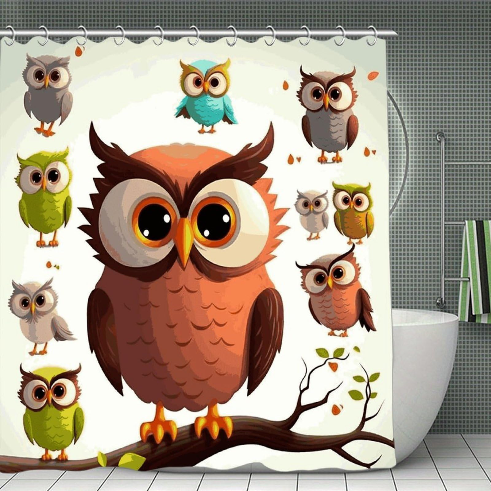 FekiLoot Cartoon Owl Shower Curtain with Hooks Modern Farmhouse Bathroom Curtain Waterproof Cloth Bath Curtains Cute Washable Blackout Privacy Curtains for Bathroom Bathtub 70.8"x70.8"