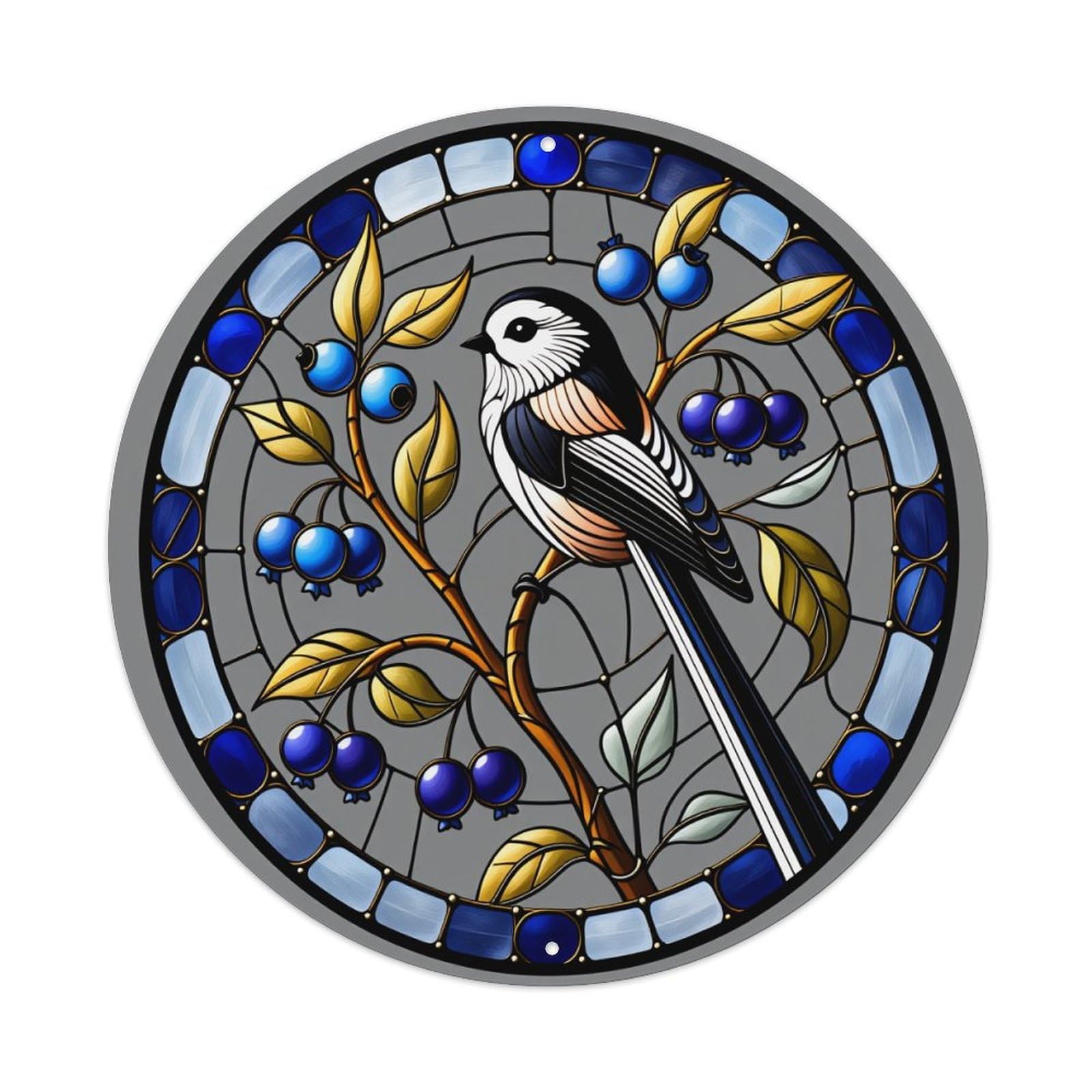 Stained Glass Bird Berry Branch Round Tin Sign Vintage Metal Poster Retro Bar, Home, Man Cave, Kitchen, Laundry Room Wall Art Decor Gift 8x8In