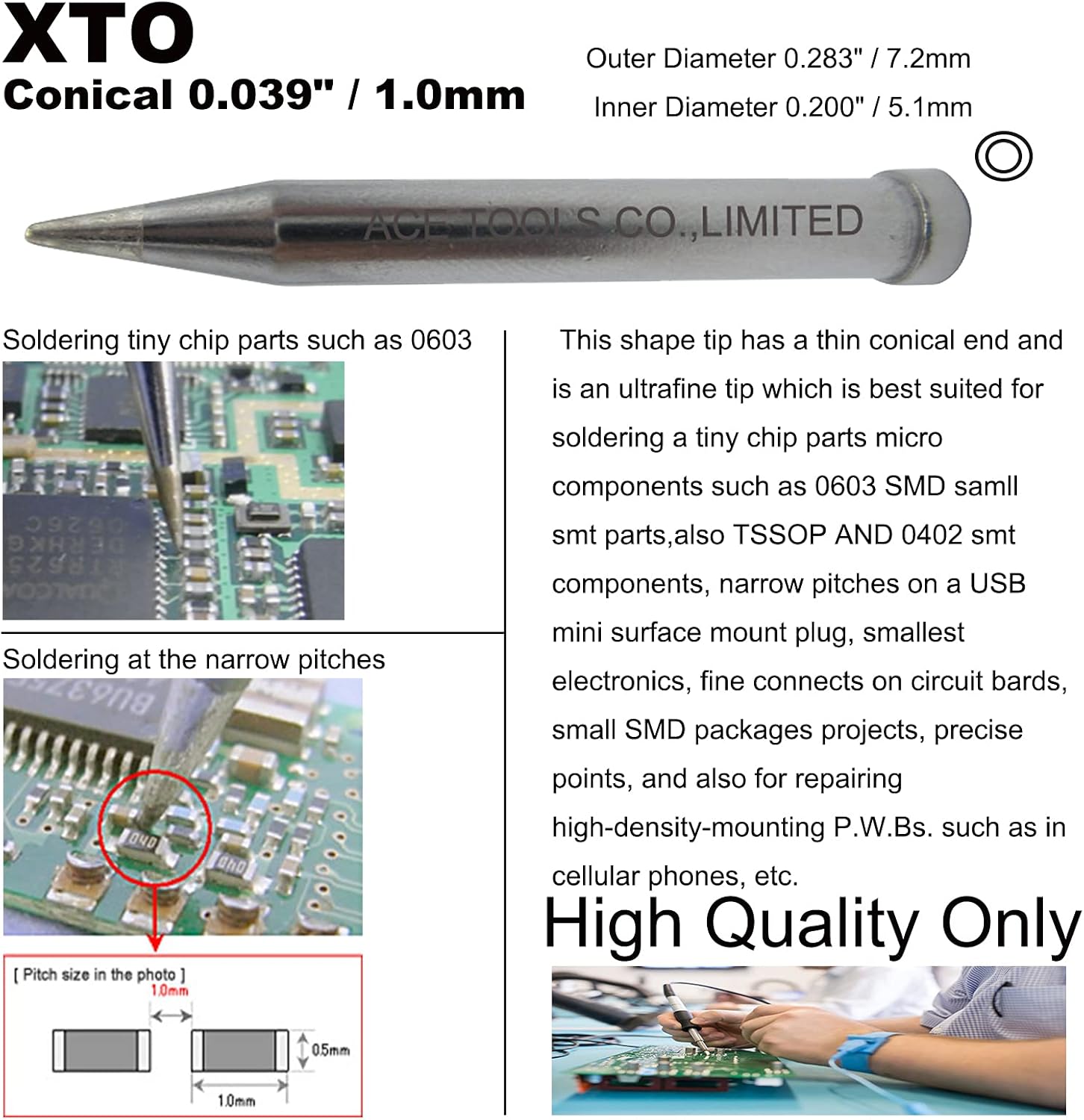 XTO Conical 0.039" / 1.0mm for WX1010 WX2020 WT1010H WD1000HPT WXP120 WP120 WP120IG WXMP120 ACE Brand Solder Iron Tip (10)