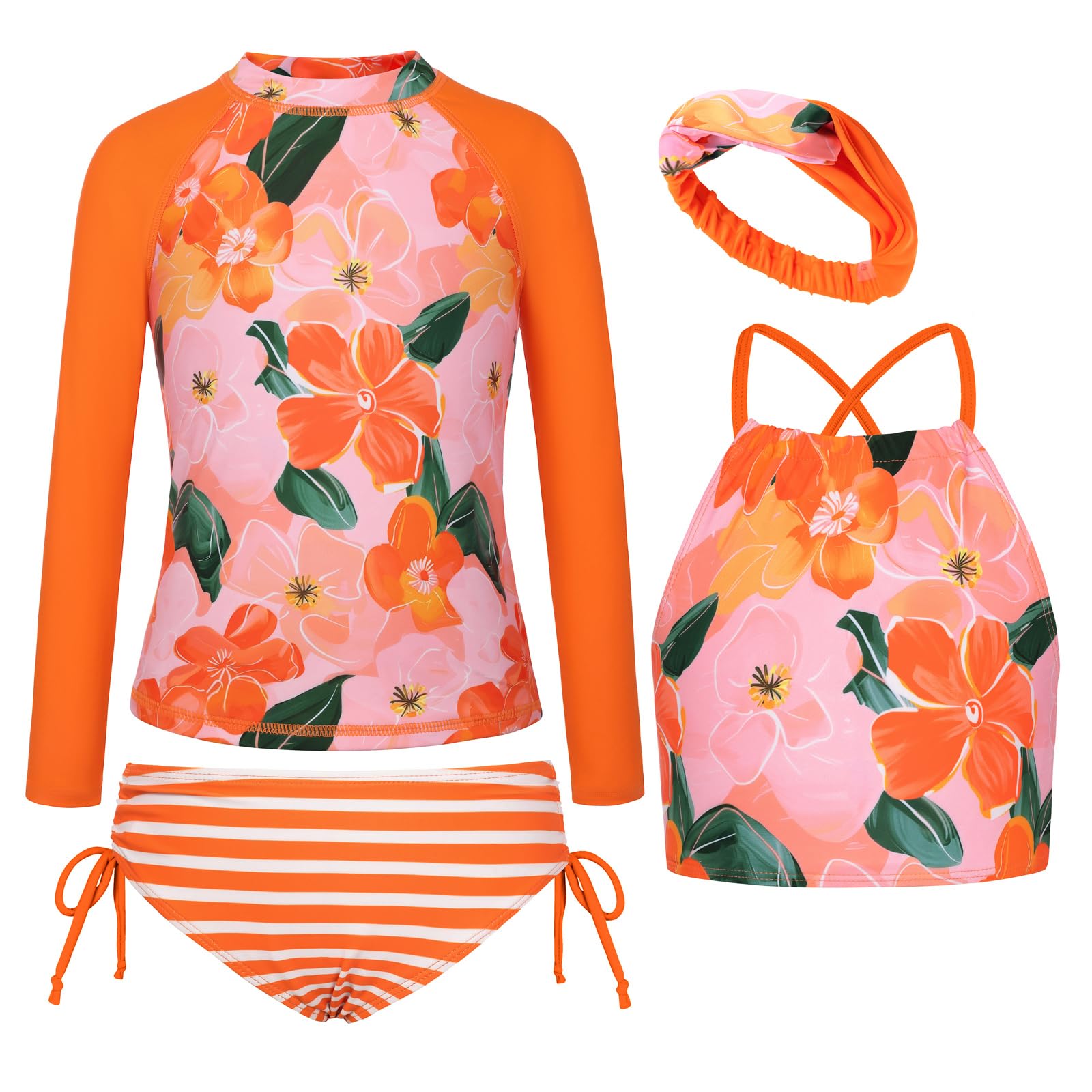 GRACE KARIN Girls Swimsuit Tankini Set Rash Guard Long Sleeve Swimsuit 4 Piece Bathing Suit Swimwear 5-14Y