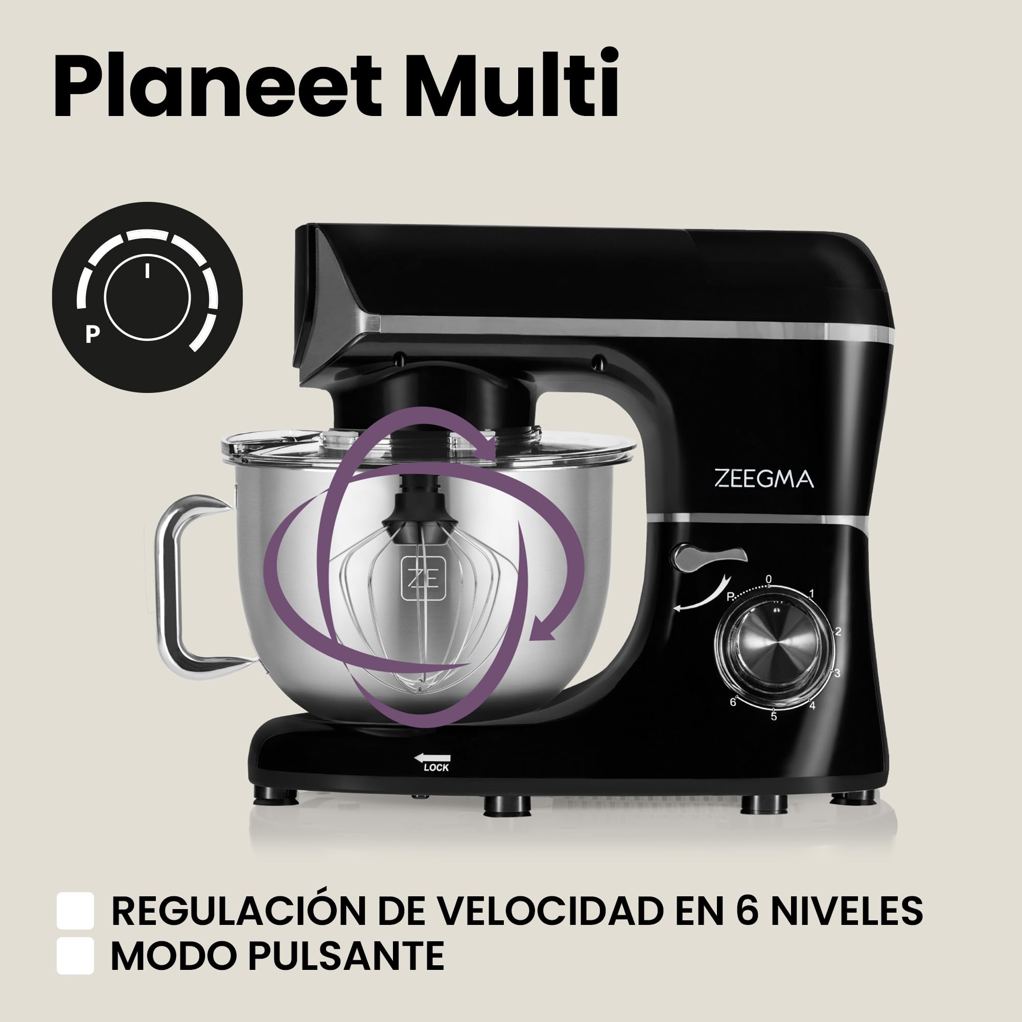 ZEEGMA PLANEET MULTI Robot de Cocina Planetario 1900W 3 en 1, Maquina Amasadora de Masa con Bol de 6,2 L con Asa y Tapa, Batidora de Vaso, Picadora Eléctrica de Carne de 6 Velocidades