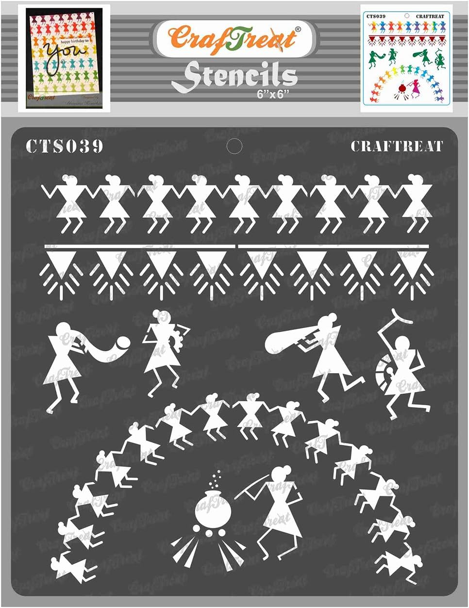 CrafTreat Reusable Indian Warli Stencils for Painting on Wood, Wall, Tile, Canvas, Paper, Fabric and Floor - Warli Stecil - 6x6 Inches - DIY Art and Craft Stencils - Warli Painting Stencils