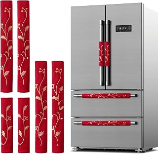 Christmas Refrigerator Handle Covers: 6PC Red Luxury Velvet Handle Covers with Gold Embroidered Holly Leaf, Vintage Christmas Decorations for Double Door Fridge Kitchen Microwave Dishwasher Decoration