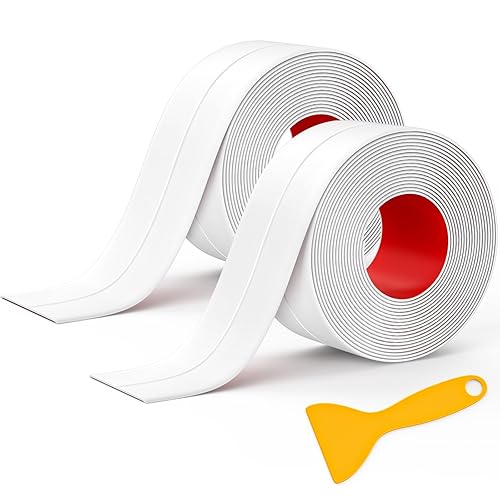 Mokani Cinta autoadhesiva impermeable, 2 rollos de tira selladora de calafateo blanca para cocina, encimera, baño, fregadero, bañera, inodoro,