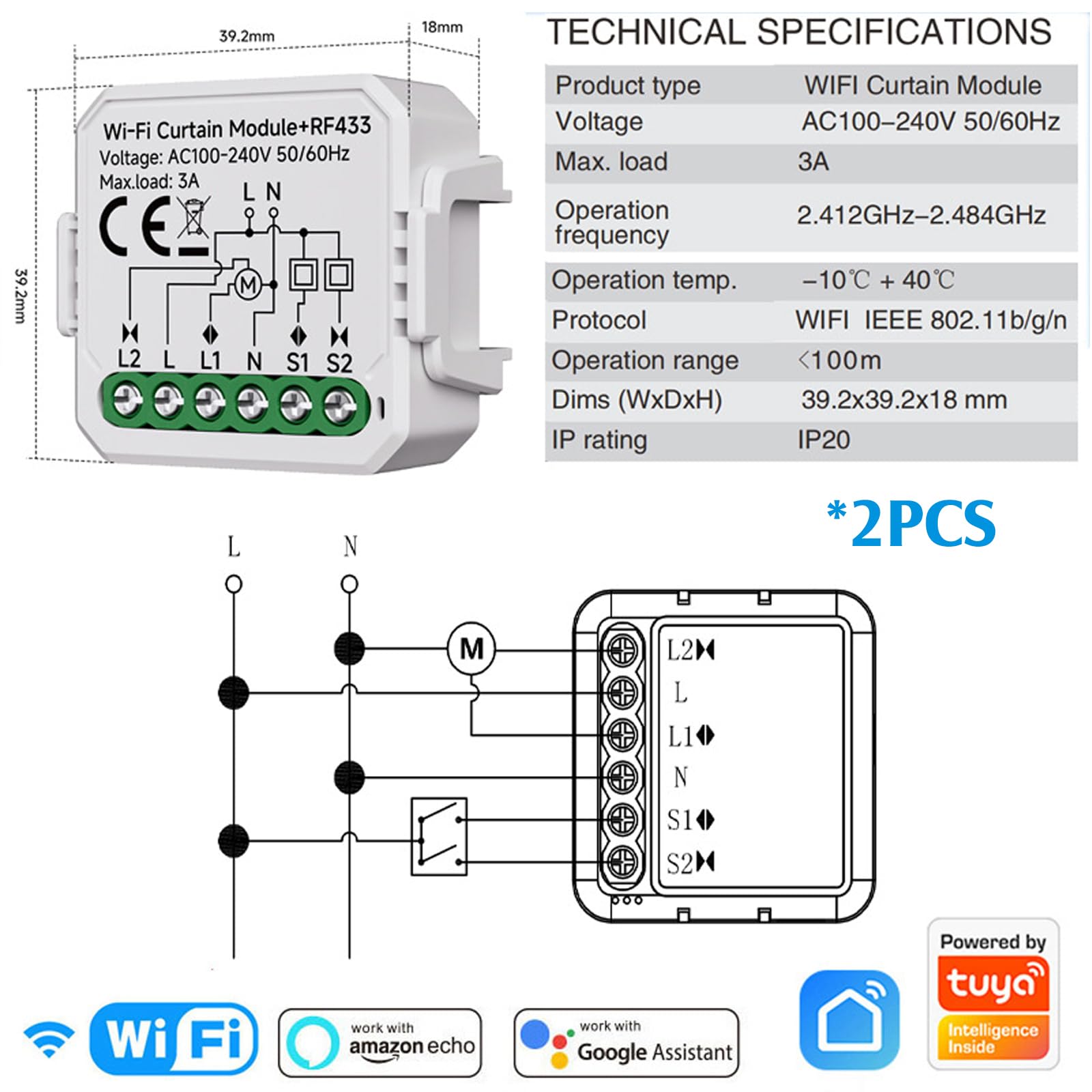 2 unidades de módulo de interruptor inteligente RF WIFI para persianas con control remoto RF de 433 MHz, adecuado para persianas, cortinas enrollables, toldos. Compatible con Alexa/Google Home