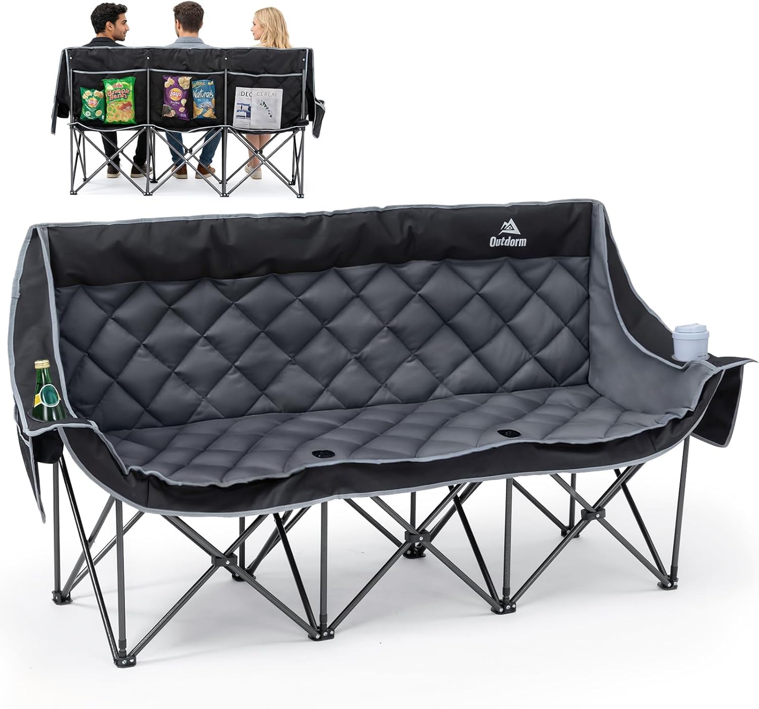 3 Person Camping Chair Oversized Padded Loveseat Camping Chairs Heavy Duty Folding Outdoor Couch with Cup Holder & Phone Side Pocket Extra Wide Outdoor Loveseat for Camping, Tailgating, Lawn Black