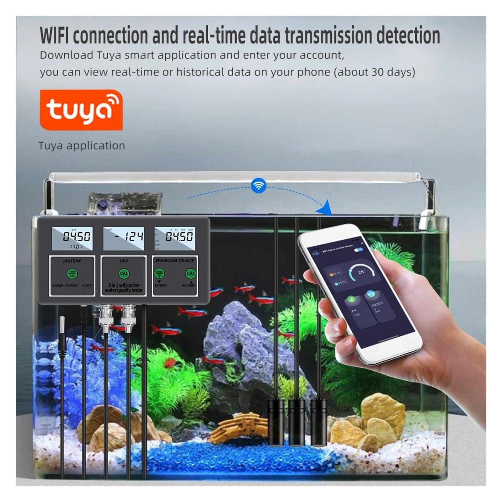 8in1 Digitale WiFi Tester Di Qualità Del'acqua PH EC TDS SALE SG.Temp ORP CF Meter Multifunzione Smart Monitor Tuya APP Controllo Misurazione Accurata