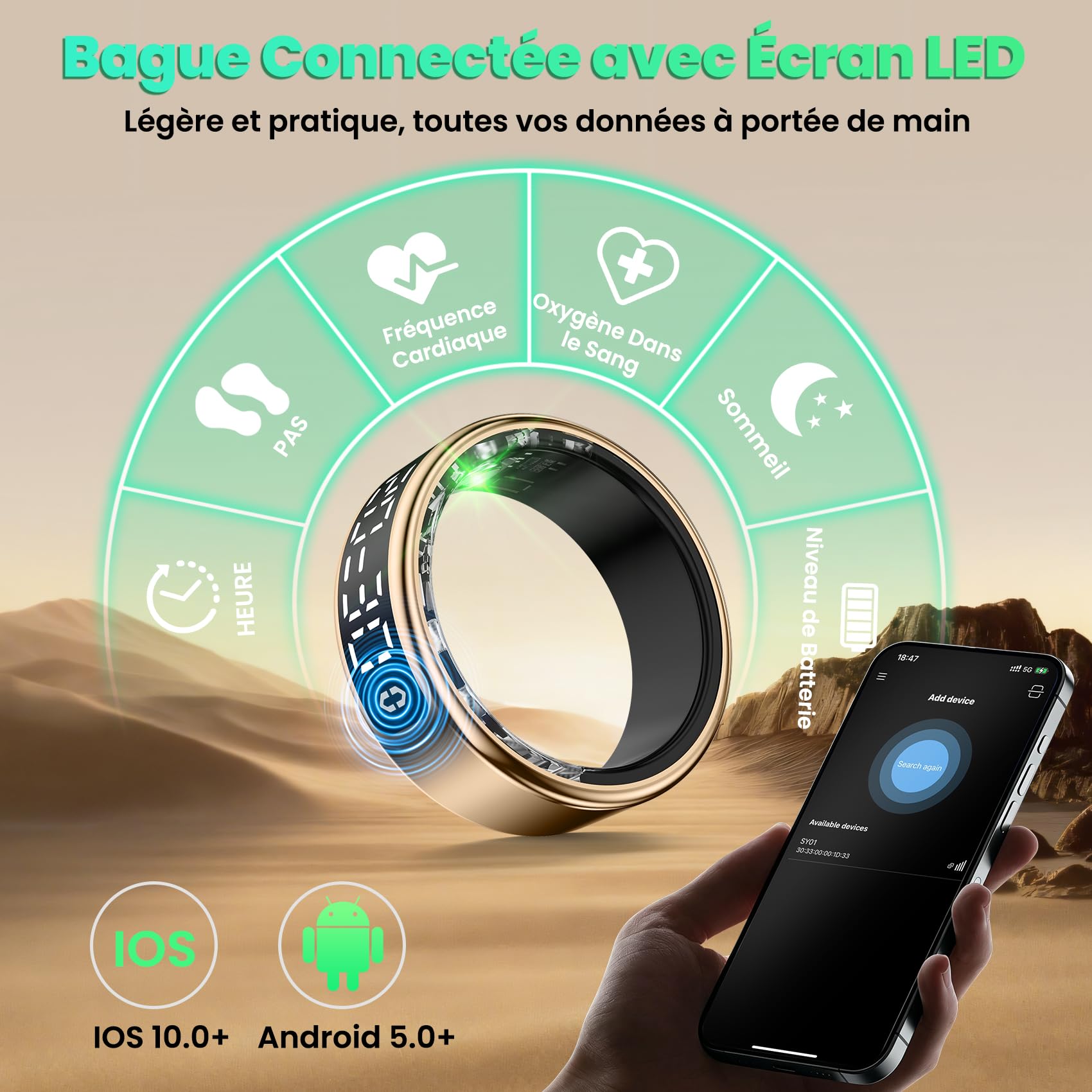 Bague Connectée Femme et Homme, 2026 Smart Ring avec Écran LED, IP68 Étanche, Tracker de Santé et Fitness avec Fréquence Cardiaque/SpO2/HRV/Sommeil/Stress, Compatible avec iOS et Android