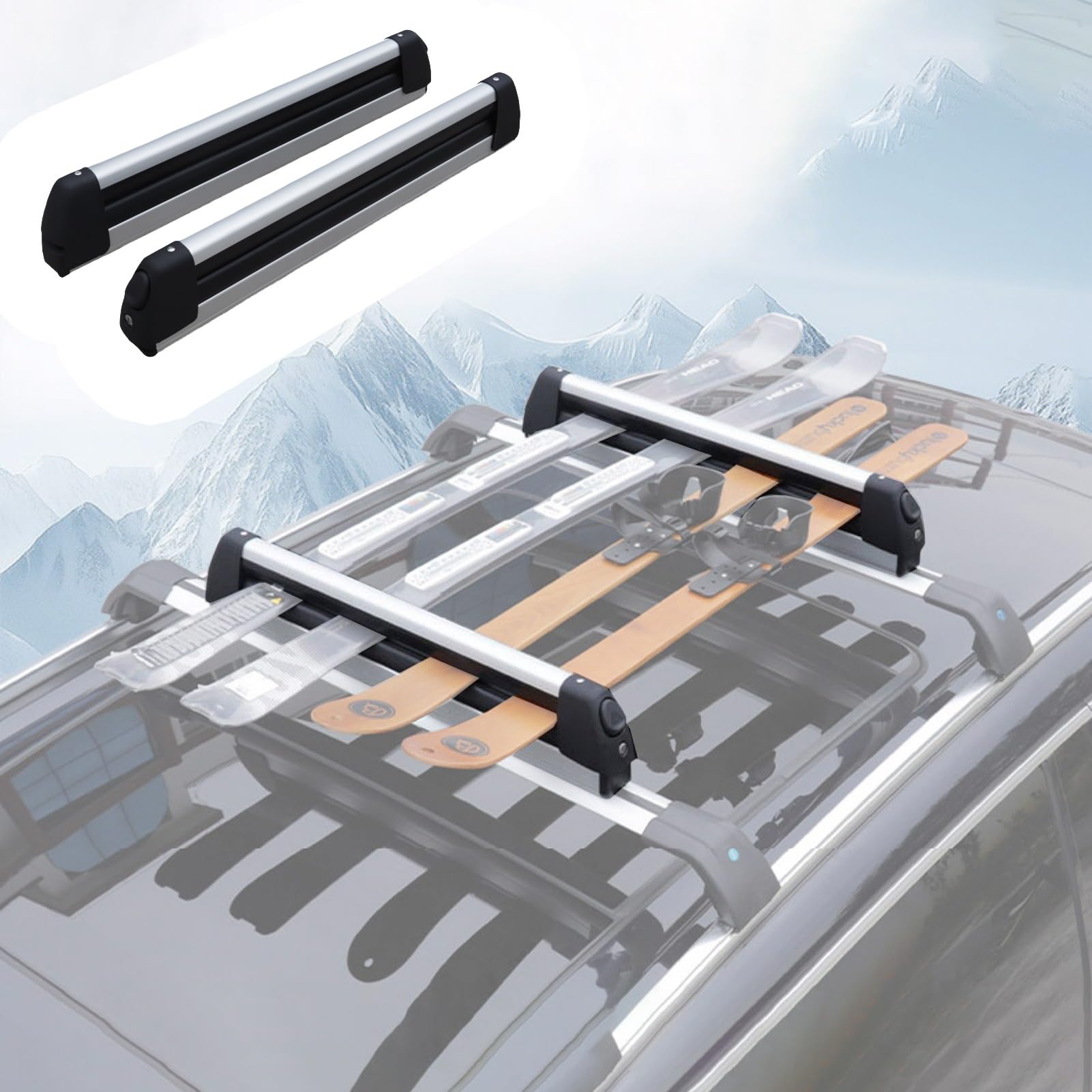 Stojak na Narty Zamykany Teleskopowy Bagażnik Dachowy, Szerokość Załadunku 63 cm, Uniwersalny Hak Holowniczy, 4 Pary Nart, Dużego Formatu Organizer na Snowboard(Silver)