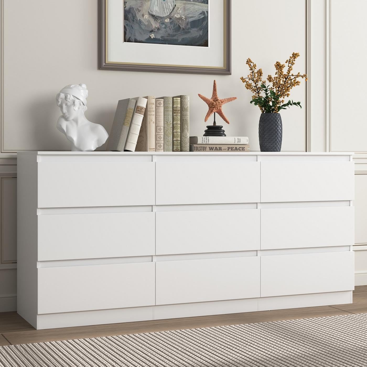 White 9 Drawer Dresser for Bedroom,Modern Deep Drawer Dresser with No-Handle Design,Wide Storage Chest of Drawers,Wood Bedroom Storage Organizer Furniture for Closet,Hallway