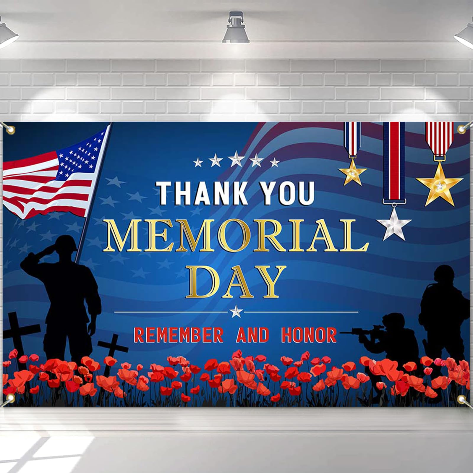 Mocsicka Memorial Day Backdrop Remember and Honor Banner for Photography Patriotic Poppy Memorial Day Decorations and Supplies for Home Office Party