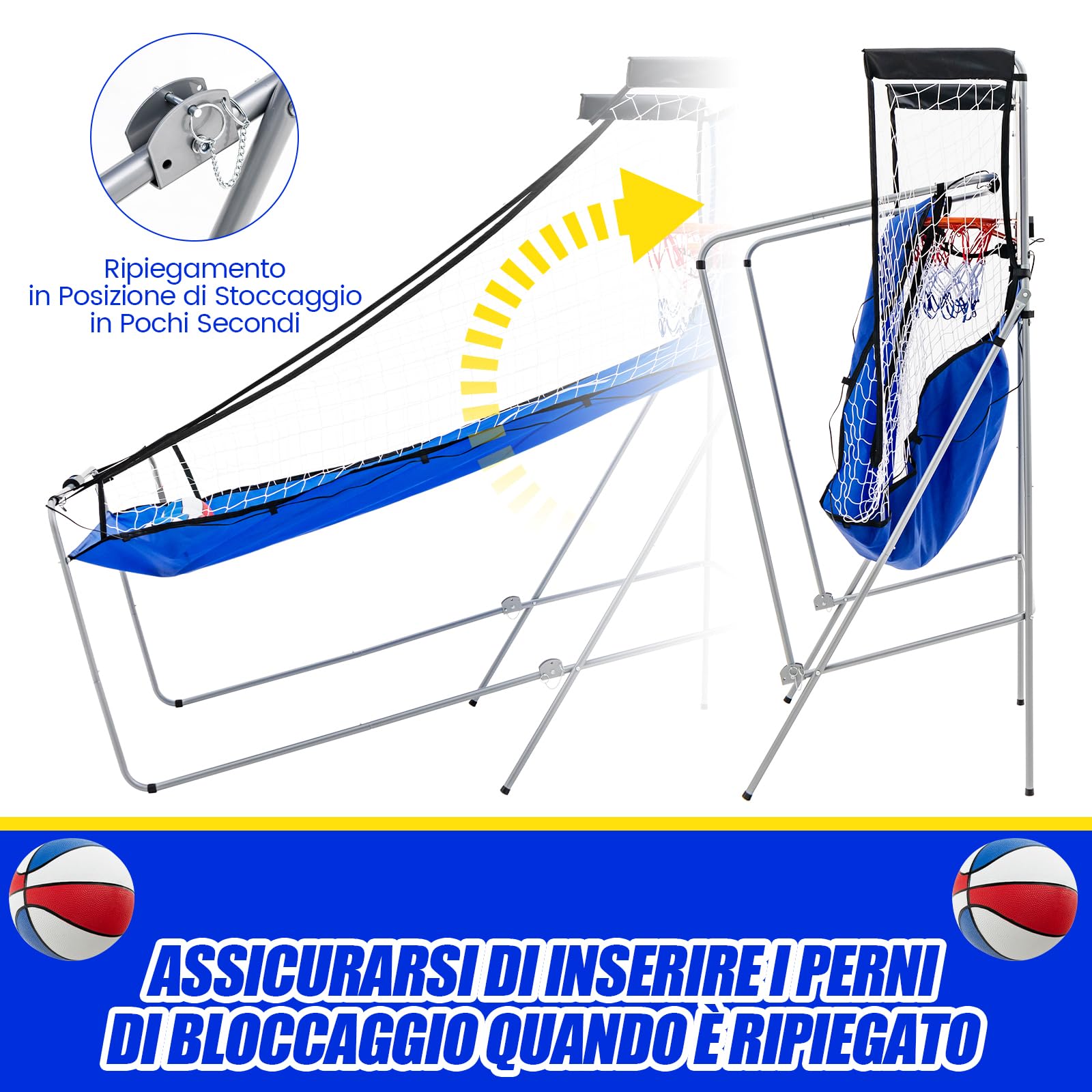 COSTWAY Macchina da Pallacanestro Elettronica Pieghevole, Gioco Arcade da Basket a Doppio Tiro per Casa con 8 Modalità di Gioco, Suono Arcade, Punteggio Elettronico, 4 Palloni e Pompa (Blu)