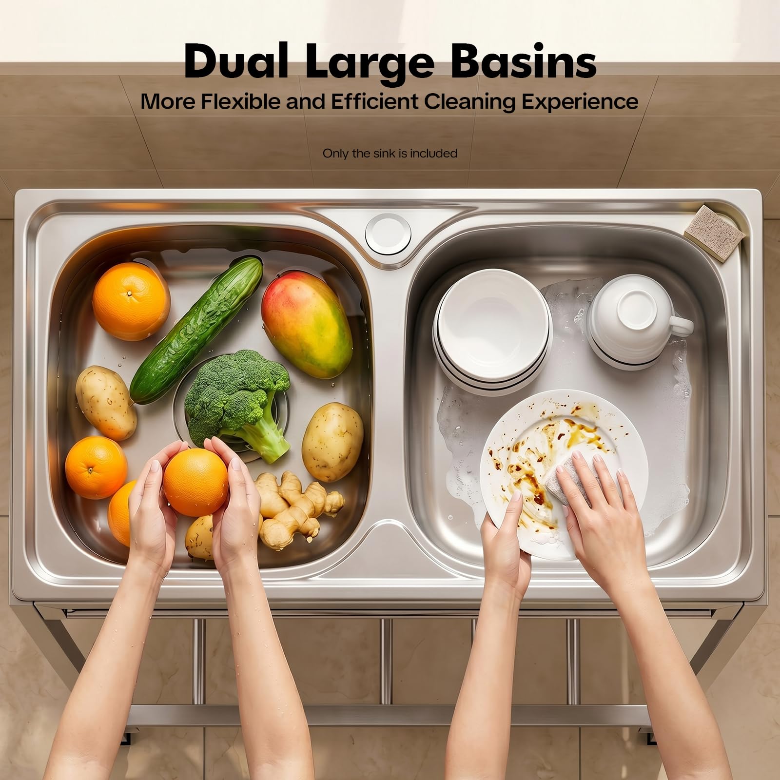 Lavello autoportante per esterni, in acciaio inox, 2 vasche, portata 75 kg, doppia vasca, lavello da cucina commerciale con beccuccio, lavello per ristorazione, per negozi e garage, 83,1 x 43,9 x 77