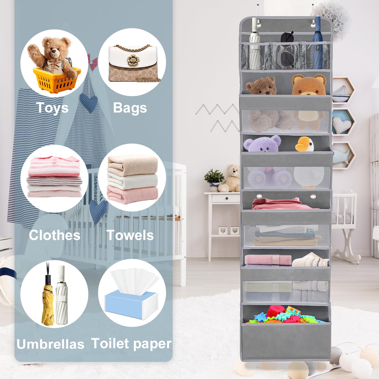 Organizer wiszący, wyjmowany wiszący organizer na drzwi z 5 kieszeniami na drzwi z 4 haczykami, wiszący organizer z materiału do zawieszenia na futrynie drzwi, sypialni, pokoju dziecięcego,