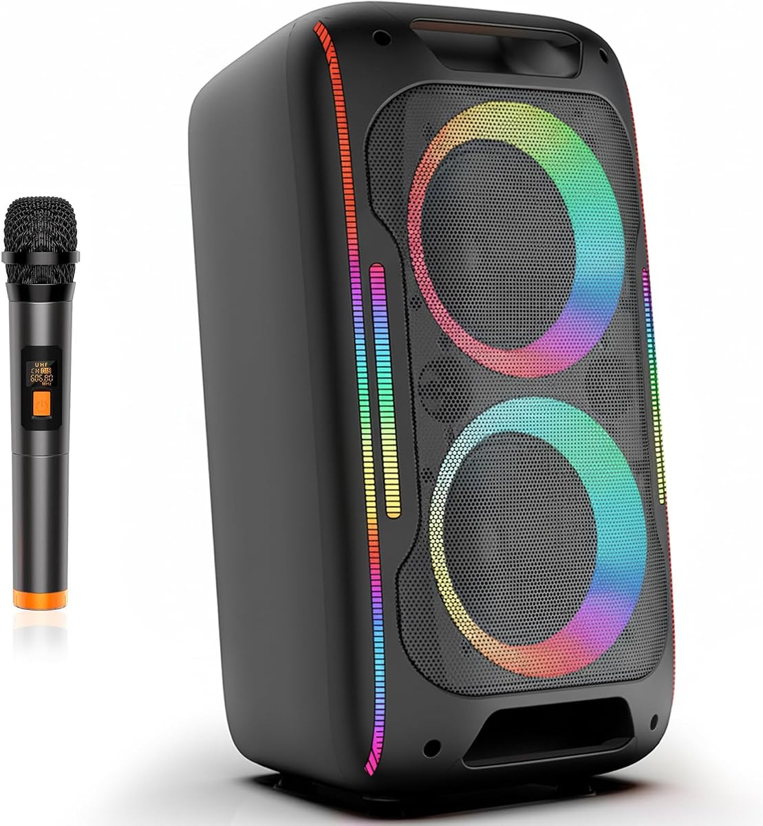 Altavoz de fiesta de pico de 180 W, subwoofer dual de 6,5", potente sonido/espectáculo de luces | Modos de ecualizador para interiores/exteriores, graves/agudos de 16 niveles y reverberación de micrófono, graves profundos, BT5.3 para el hogar, exteriores, karaoke y fiestas