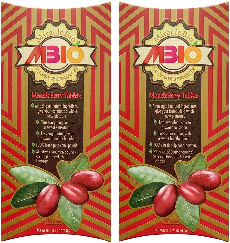 MiracleBio MBIO Miracle Fruit Tablets, 10-Count/Pack XL Size 600Mg/Count 2-Pack, Turn Sour To Sweet, Made Of 100% Natural Fresh Miracle Berry, Flavor Tripping, Strengthened Version, 2-Pack