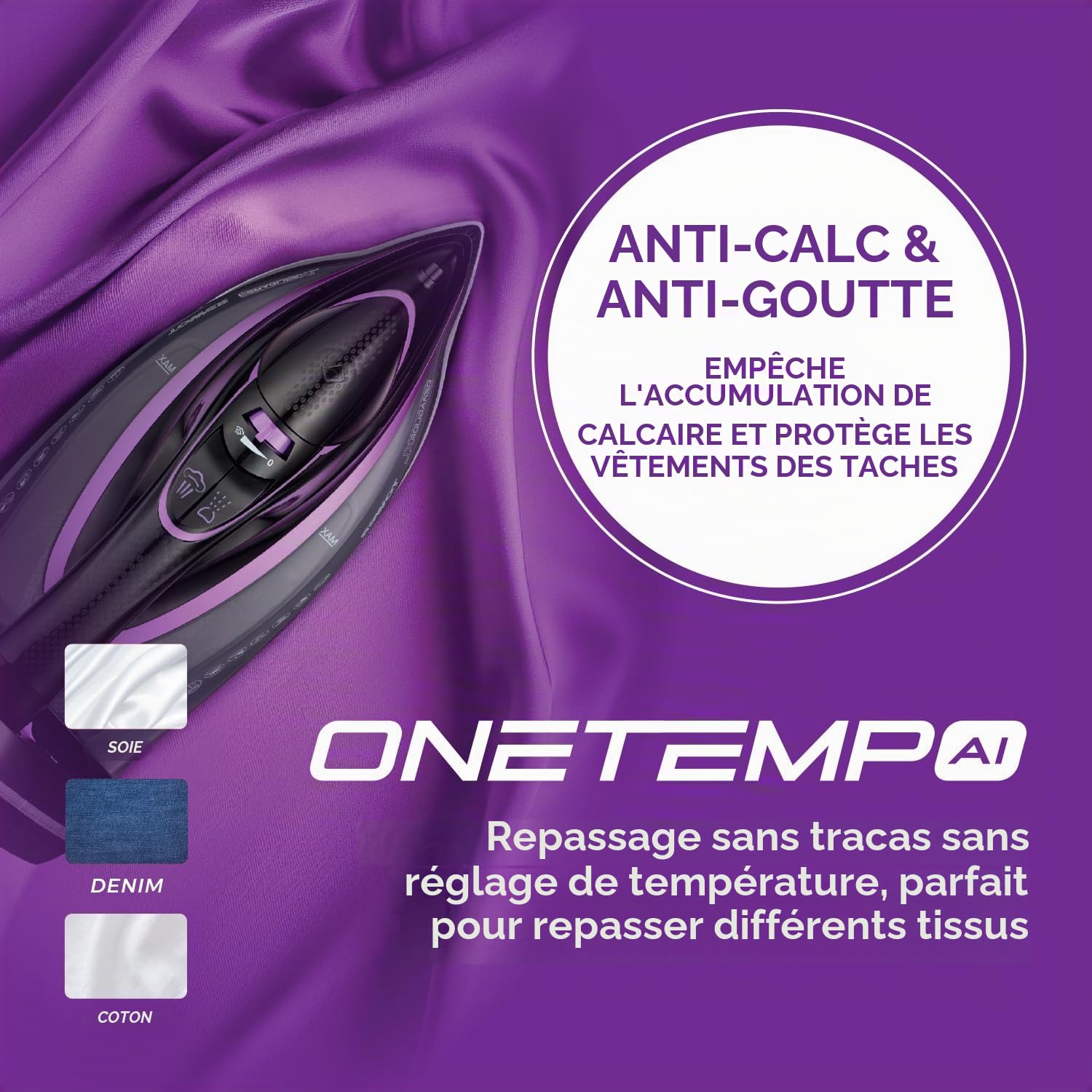 Tower T22036LIL Fer à vapeur sans fil avec technologie One Temp et semelle céramique XL, fonctions anti-goutte et anti-calcaire, réservoir d'eau de 350 ml, 3100 W, lilas et noir