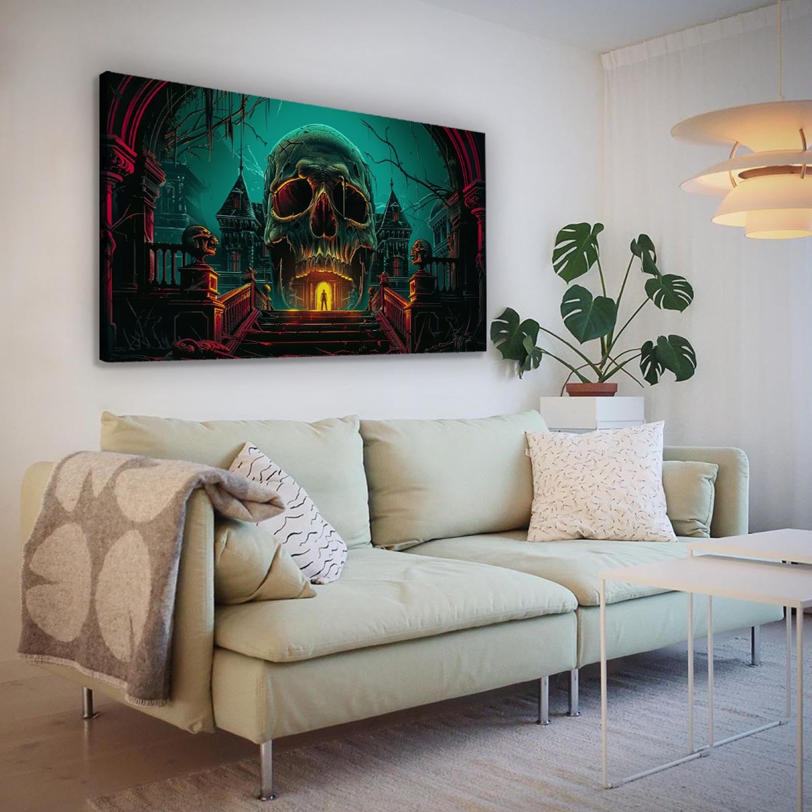 Via Vela Gothique Halloween Art Impression sur toile Dark Horror Crâne Château Scène de nuit Affiche Peinture Art mural pour Salon Chambre à coucher Décoration intérieure 55x95cm Cadre intérieur