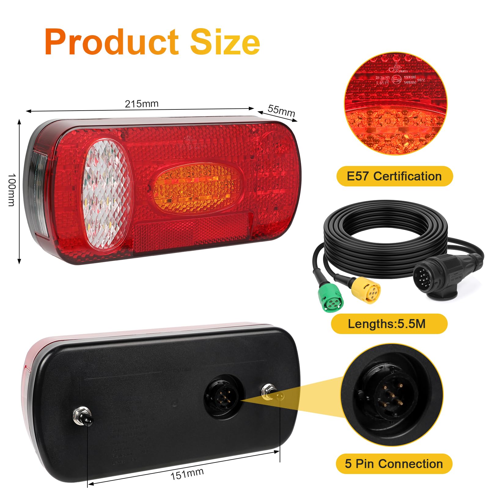 AOHEWEI LED Anhänger Rückleuchten, 12V/24V Wasserdichtes Blinker-Bremslicht-Rückfahrlicht-Nebelscheinwerfer mit 13-polige Stecker, 5,5 m langem 5-adrigem Kabel für LKW, Wohnwagen, Transporter, Traktor