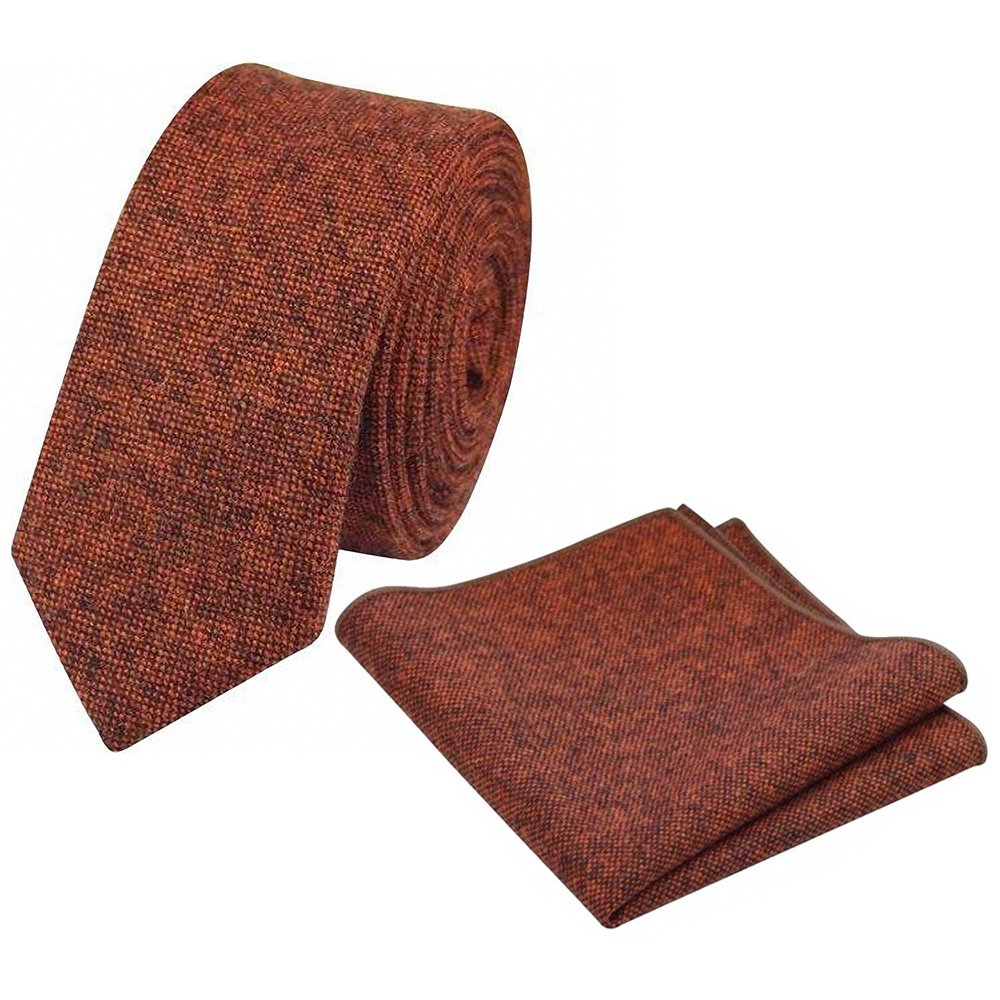 Db Dickie Bow Men's Burnt Orange Luxury Wool Skinny Neck Tie & Pocket Square Set (Rust ) - Suitable For Formalwear, Office, Weddings, Parties, Grooms & Grooms Outfits