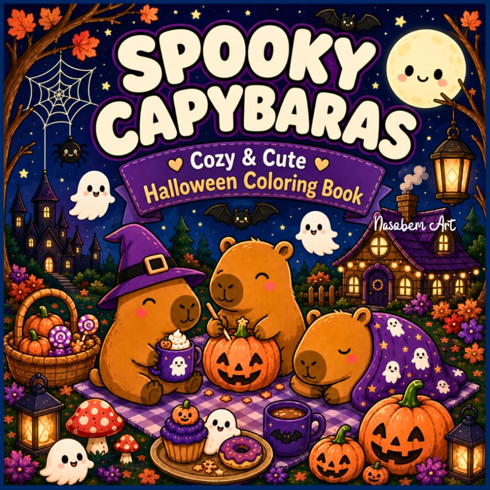 SPOOKY CAPYBARAS: Cozy & Cute Halloween Coloring Book: Bold and Easy Coloring Book for Adults and Kids – Over 45 Simple Autumn Kawaii Designs with Cute Capybaras, Pumpkins, and Ghosts for Relaxation