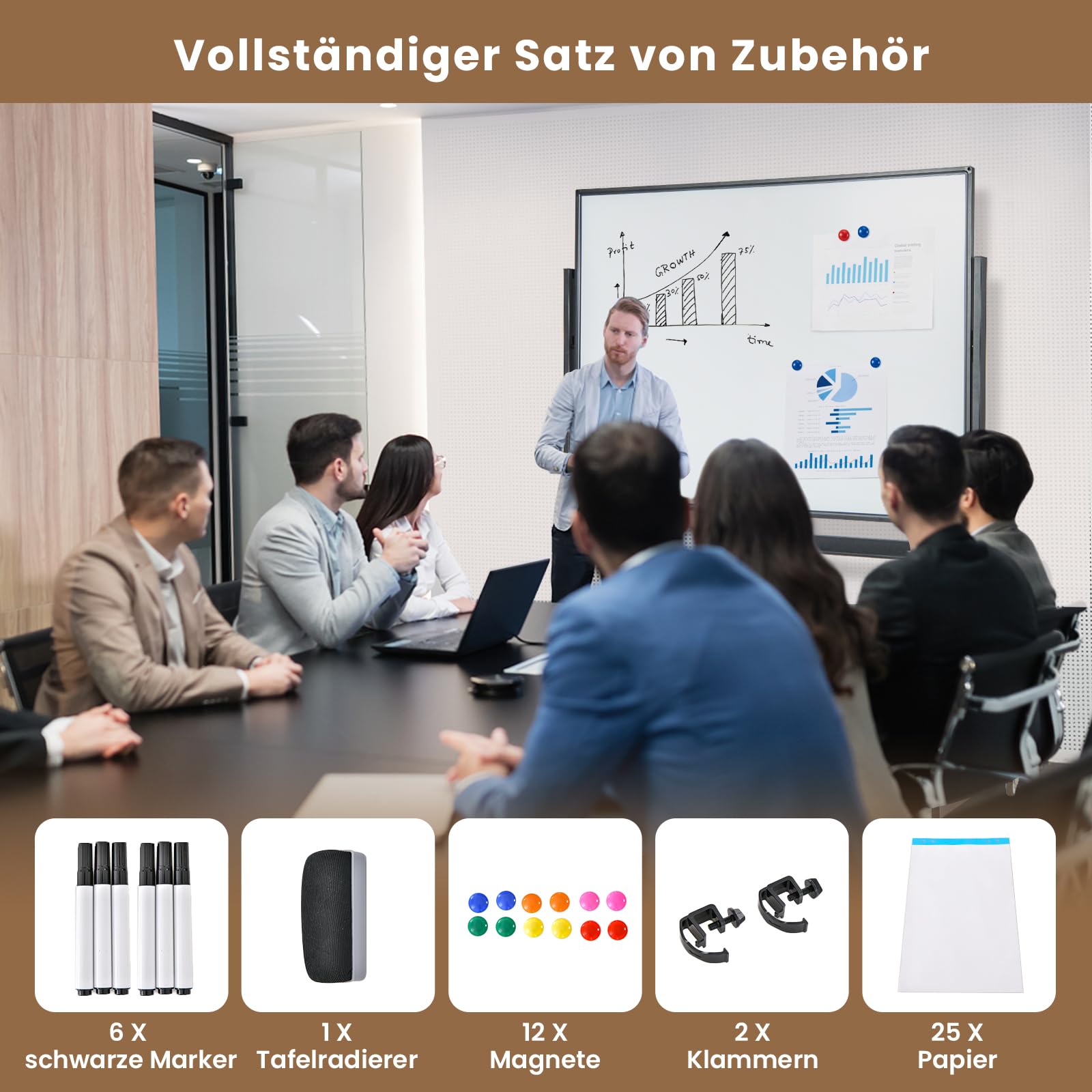 COSTWAY Doppelseitiges mobiles Whiteboard, 120 x 90 cm, Trocken abwischbares magnetisches Whiteboard mit Gittermuster, Rollen, Ständer und Stiftablage, inkl. Zubehör für Büro, Zuhause (Schwarz)