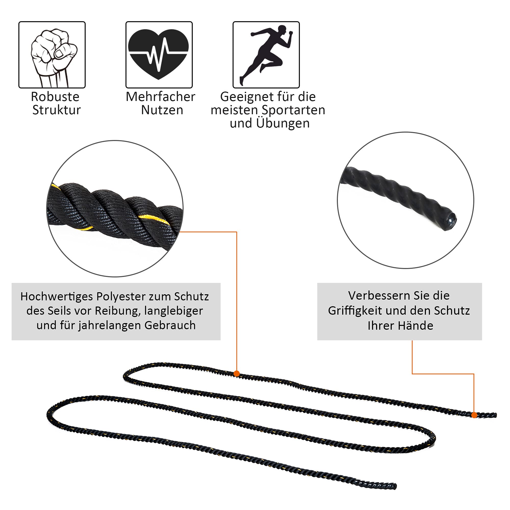 HOMCOM Battle Rope Ø38mm x 9 m Trainingsseil Fitnessseil Schlachtseil für Kraftausdauer & Muskelaufbau Schwarz+Gelb