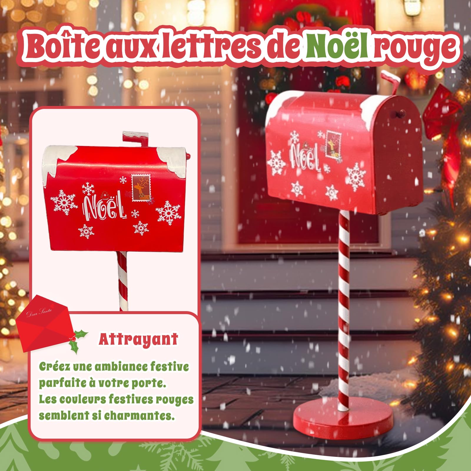 F Fityle Boîte aux Lettres de Noël en Fer, Facile à Installer, Boîte à Cartes de Vœux, Décoration de Porte d'Entrée avec Support, Collecteur de Messages Festifs, pour Intérieur et Extérieur, 22cmx50cm