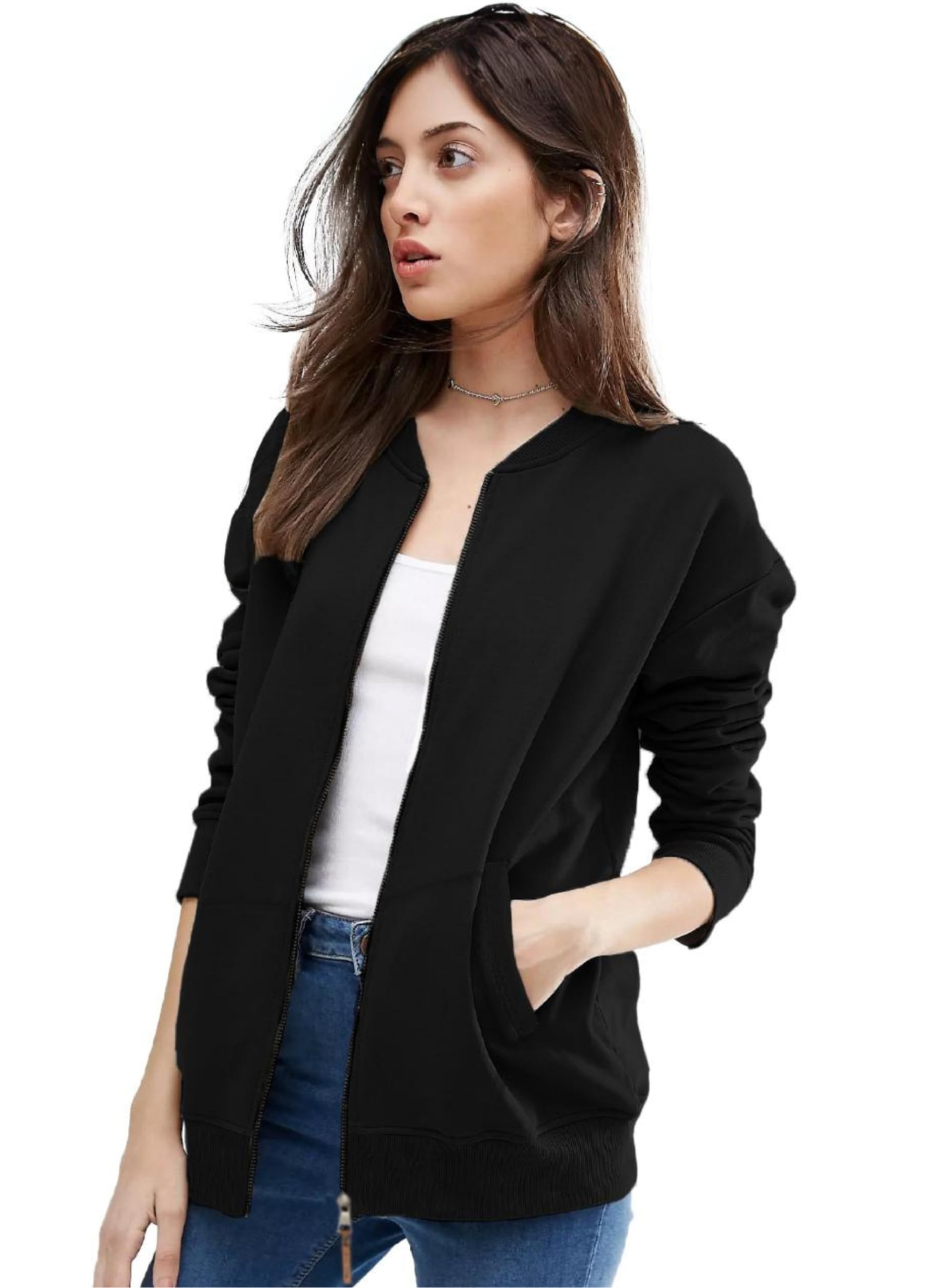 leotude Women Lightweight Solid Black Bomber Jacket Material Loopknit-picture-50