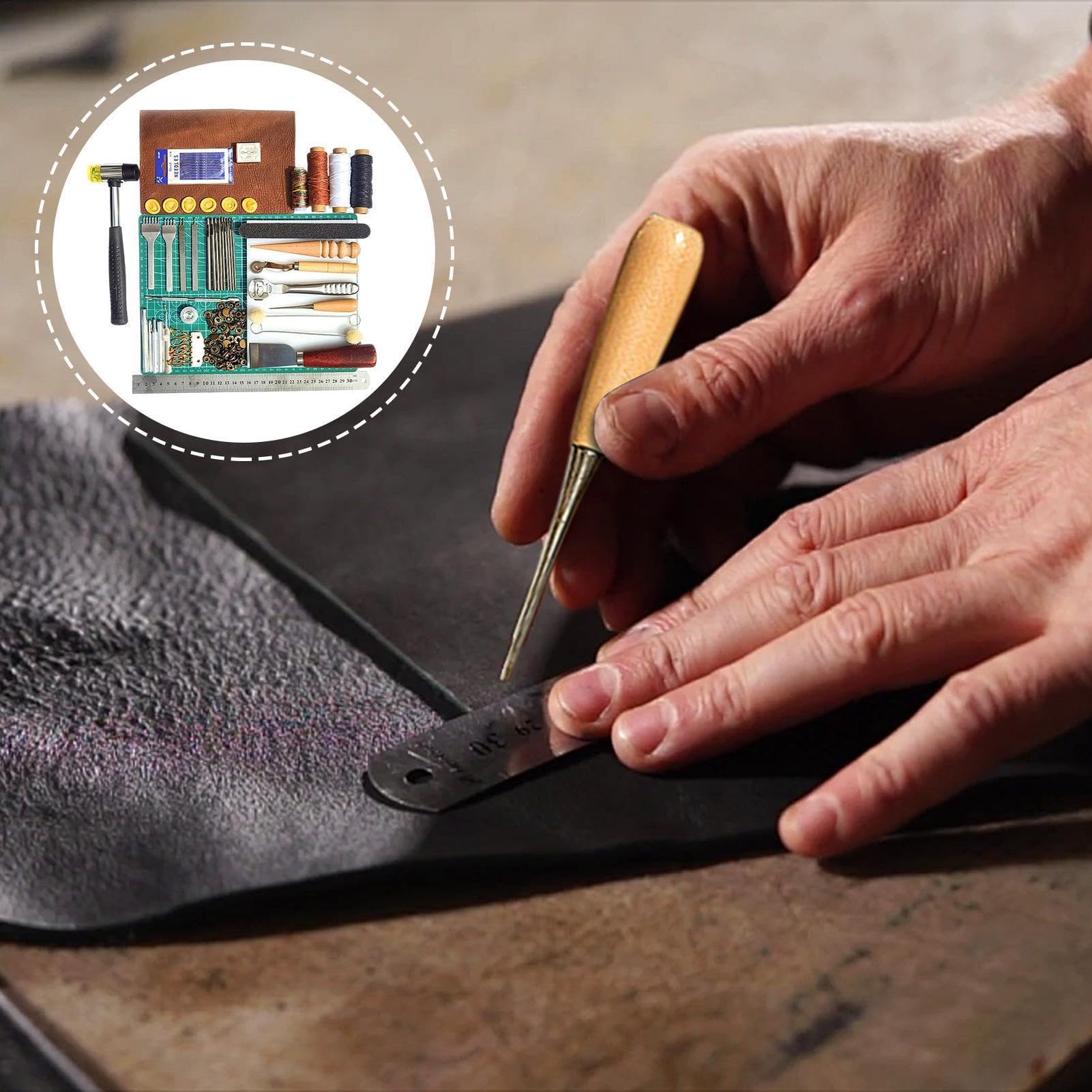 Juego de herramientas para trabajar cuero - Kit de madera ABS de acero de aleación de 32x26x4 cm, accesorios de grabado de perforación duraderos, herramienta manual creativa | Kit completo de herramie