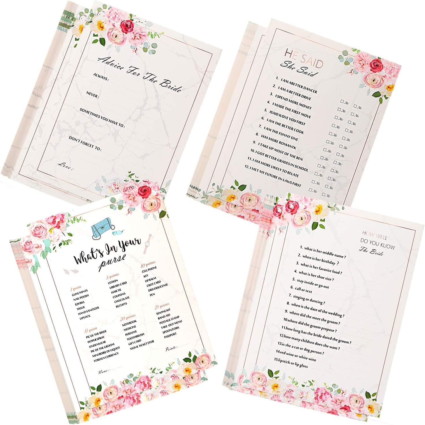 KASTWAVE 40Pcs Hen Night Party Games, Advice For The Bride Cards, How Well do You Know the Bride, 4 Games, for hen do or bridal shower with the bride to be, Pink, 5 x 7 Inches