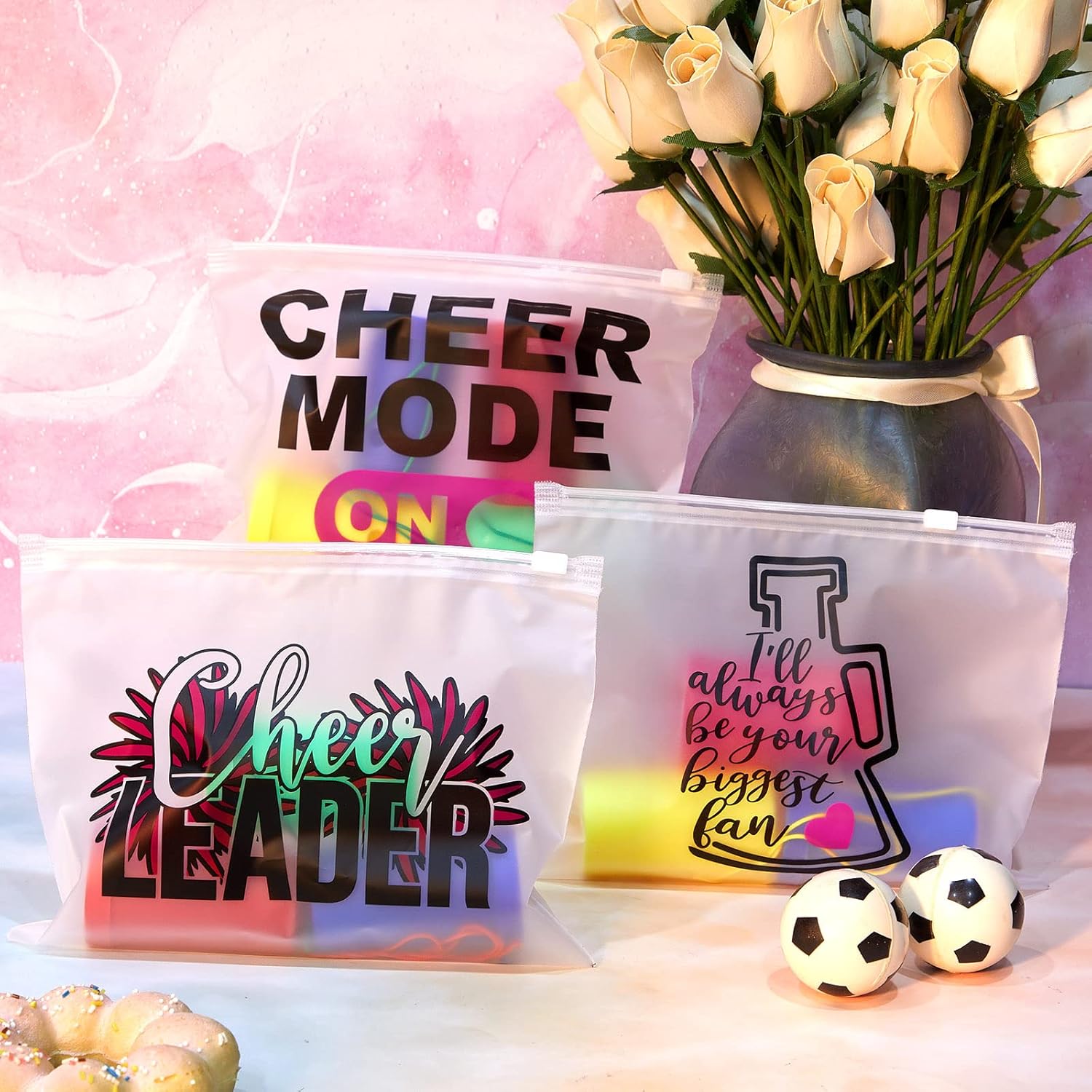 Henoyso 90 Pieces Cheer Makeup Bag Cheerleaders Gifts Cosmetic Cheer Bags for Cheerleaders Gifts for Team Party Favors Travel Pouch Makeup Case for Women Teammates Accessories, 9 Styles - Image 6