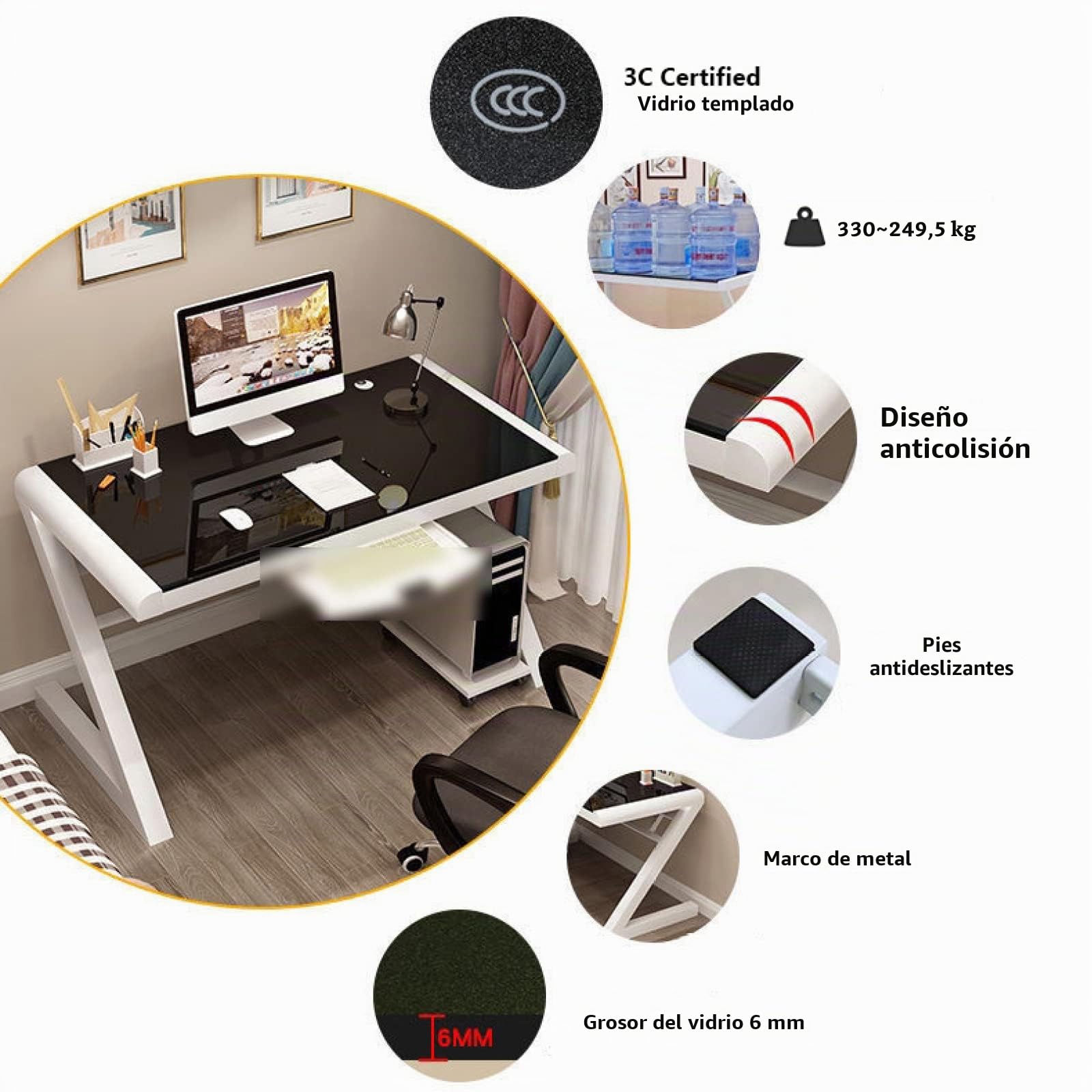 Escritorio de cristal templado para ordenador – Diseño moderno, marco de metal en forma de Z – Ideal para oficina en casa, estudios y juegos