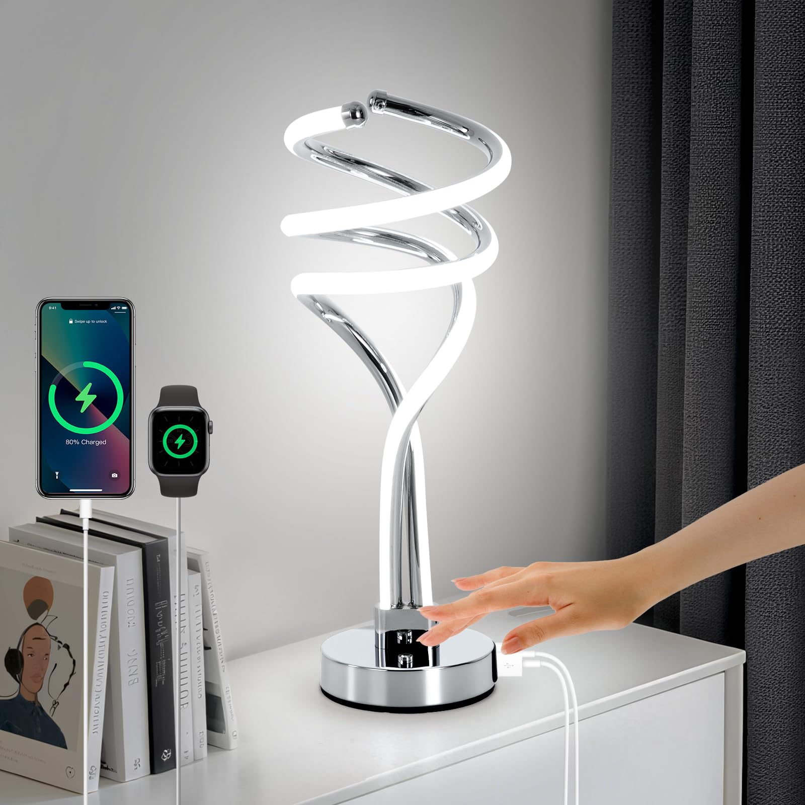 Photo 1 of EIDISUNY Modern Spiral Table Lamps, LED Modern Table Lamp, Chrome Decor Bedside Light with Touch Control, 3 Color Dimmable Nightstand Lamp for Bedroom, Side Small Table Lamp for Living Room