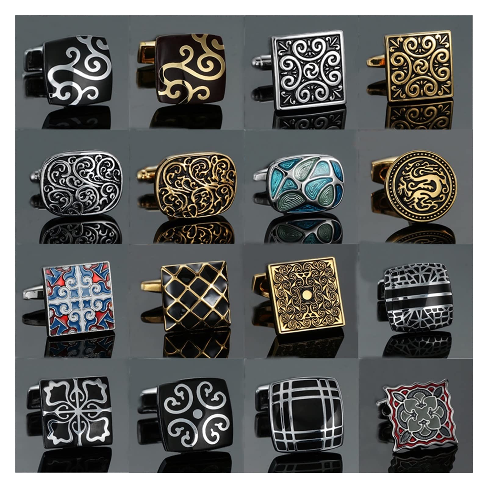 Manschettenknöpfe im 18-Stil, klassisches Gold, silbrig, blau, Retro-Muster, Manschettenknöpfe, Herrenanzug, Zubehör, Hochzeit, Geschäftsgeschenk (Metal Color : 1)