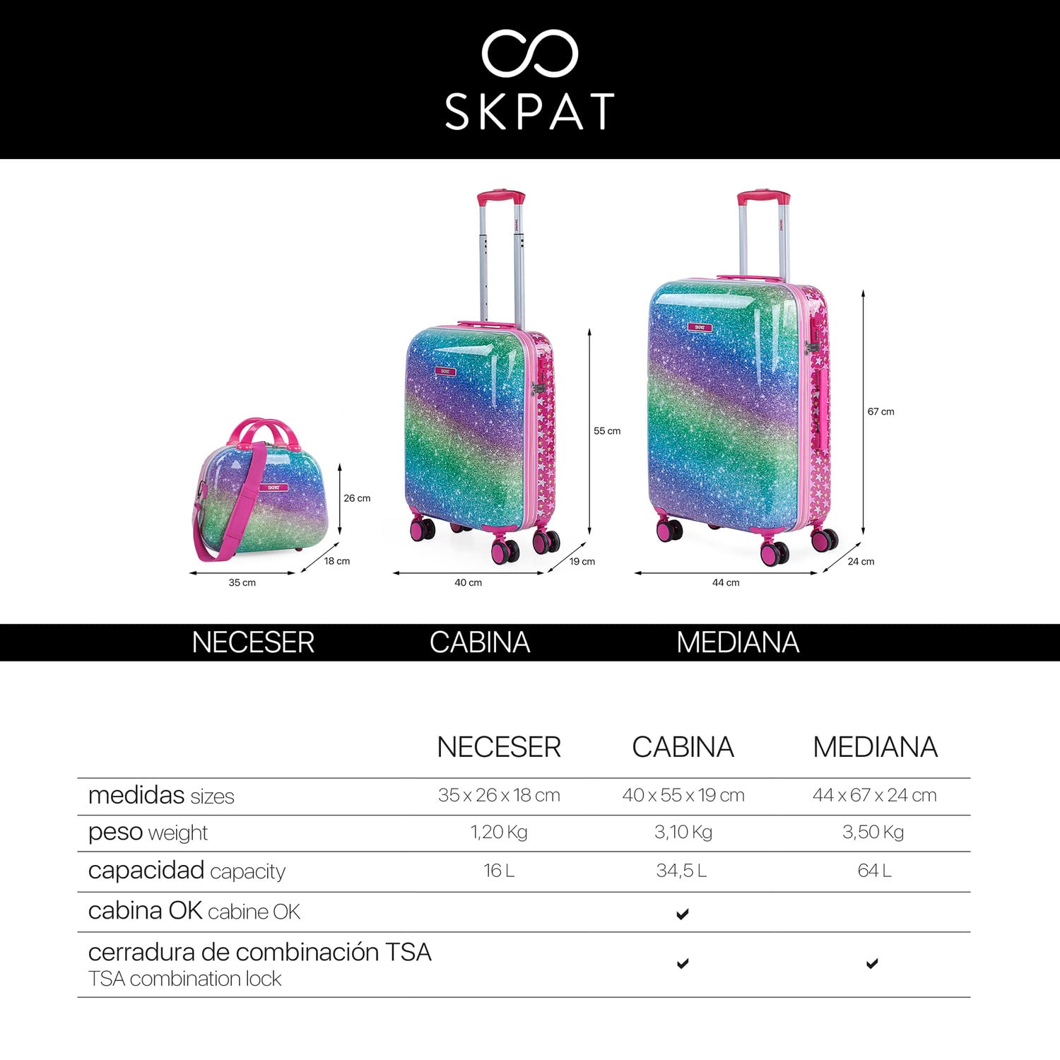 SKPAT - Valises pour Enfants, Chariot à Bagages à Main Pliable pour Filles, léger pour Enfants, Bagages à Main - Compatible avec Le Cadenas à Combinaison Ryanair TSA, Fuchsia