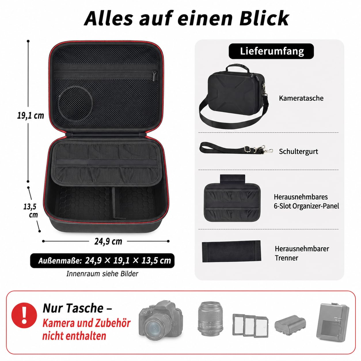 Boobowl Kameratasche kompatibel mit Canon EOS R50 R100 R10 R7 2000D 250D, Sony Alpha ZV-E10 A6700 A6400, Nikon Z50II D7500, Hartschalen-Fototasche mit Schultergurt und 6 Steckfächern - Schwarz