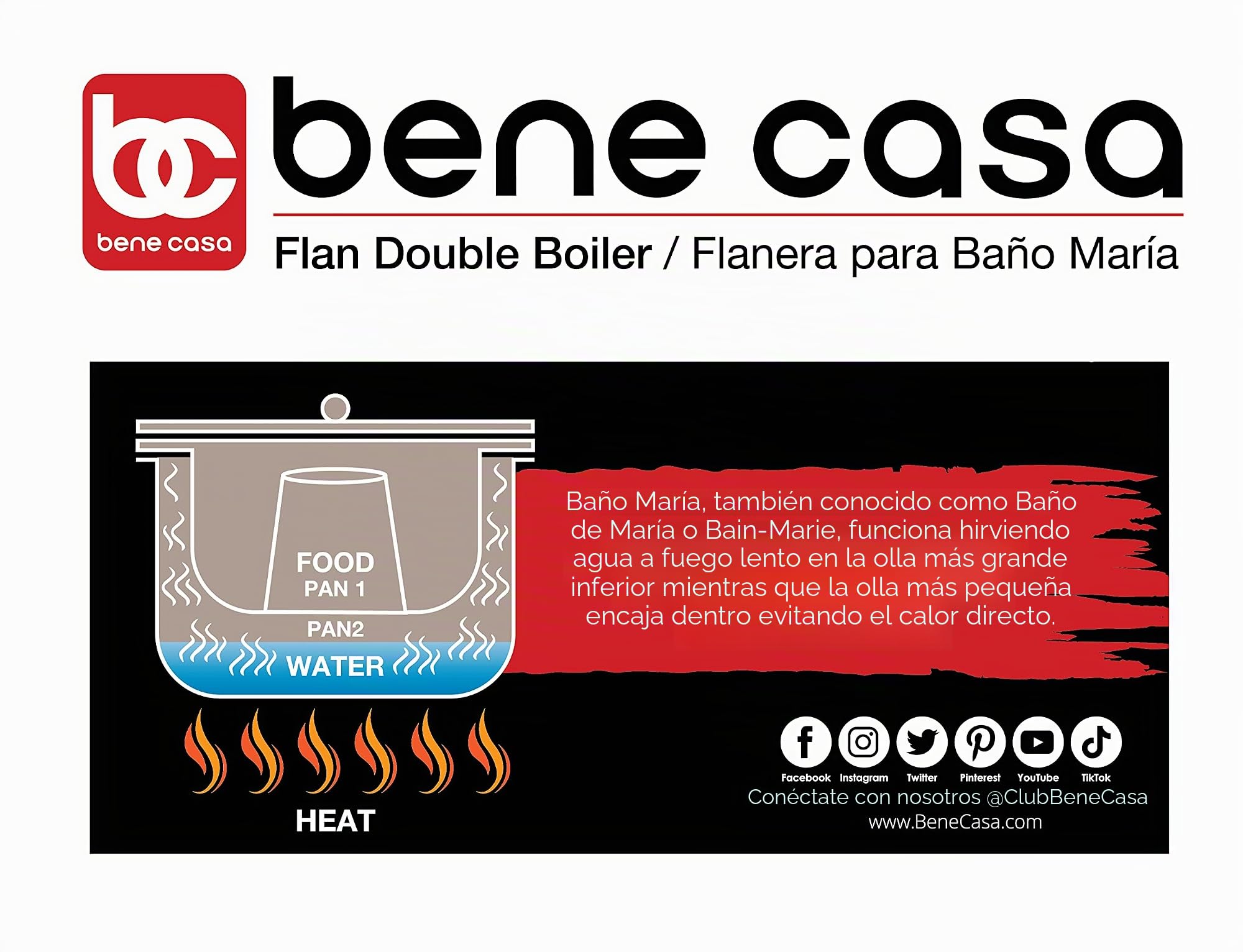 Bene Casa - Molde de aluminio para flan con tapa de vidrio (1,6 litros) - Incluye sartén interior de aluminio (8 pulgadas) - Molde de Flan Baño María