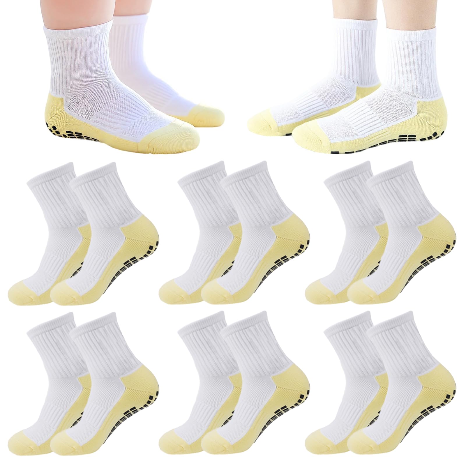 6 Pairs 4-12 Years Old Kids Soccer Grip Socks Anti Slip Athletic Socks Cushioned Football Crew Socks for Teens Boys