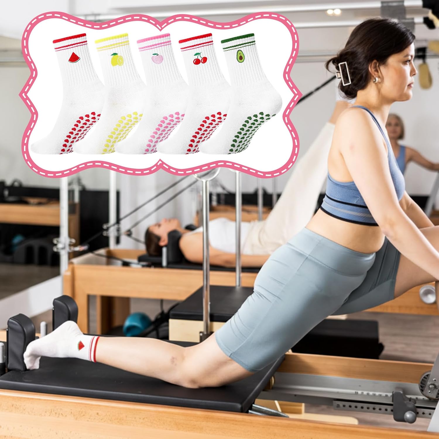 5 Pairs Cute Pilates Grip Socks for Women Fruit Yoga Non Slip Cotton Grippy Barre Crew Socks for Ladies Girls Workout Hospital Ballet Gift - Image 2