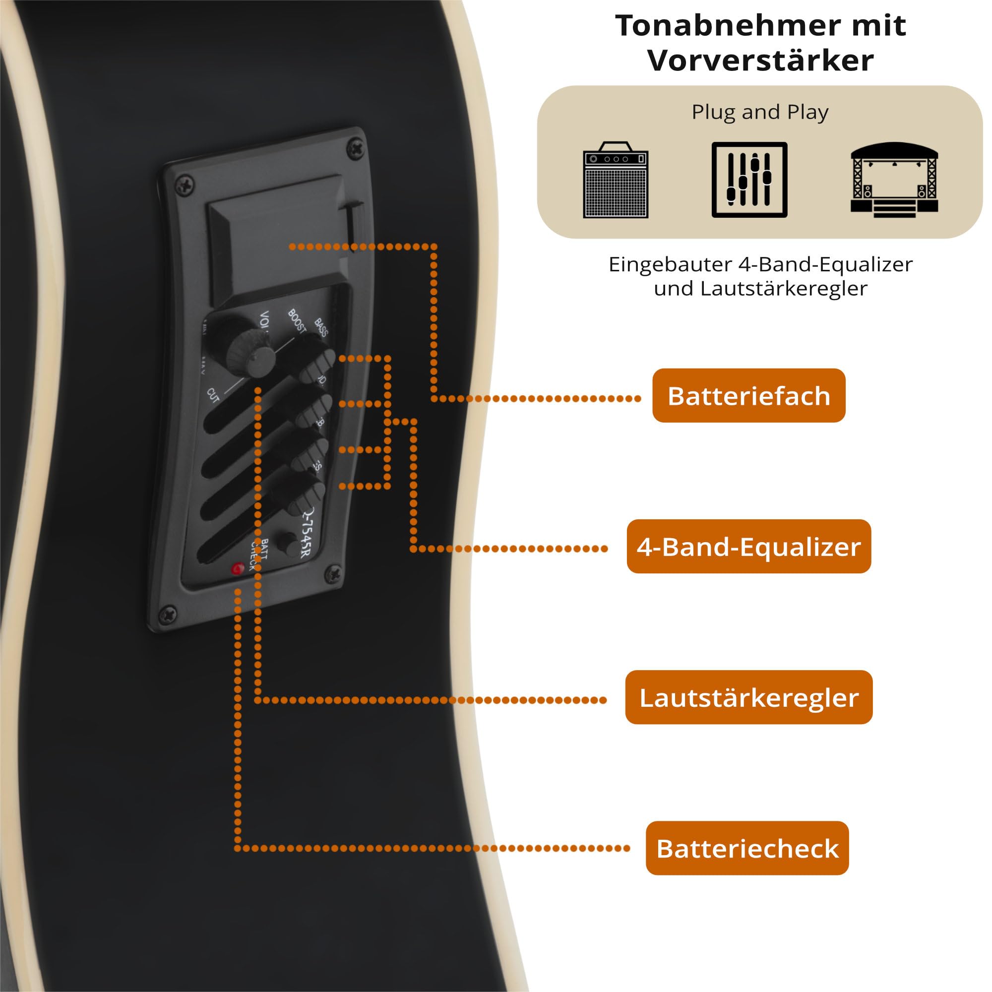 Classic Cantabile WS-20 BKEQ Dreadnought Westerngitarre - Akustikgitarre mit Stahlsaiten - Gitarre mit Tonabnehmer und 3-Band Equalizer - Geschlossene und Gummierte Chrom-Mechaniken - Schwarz