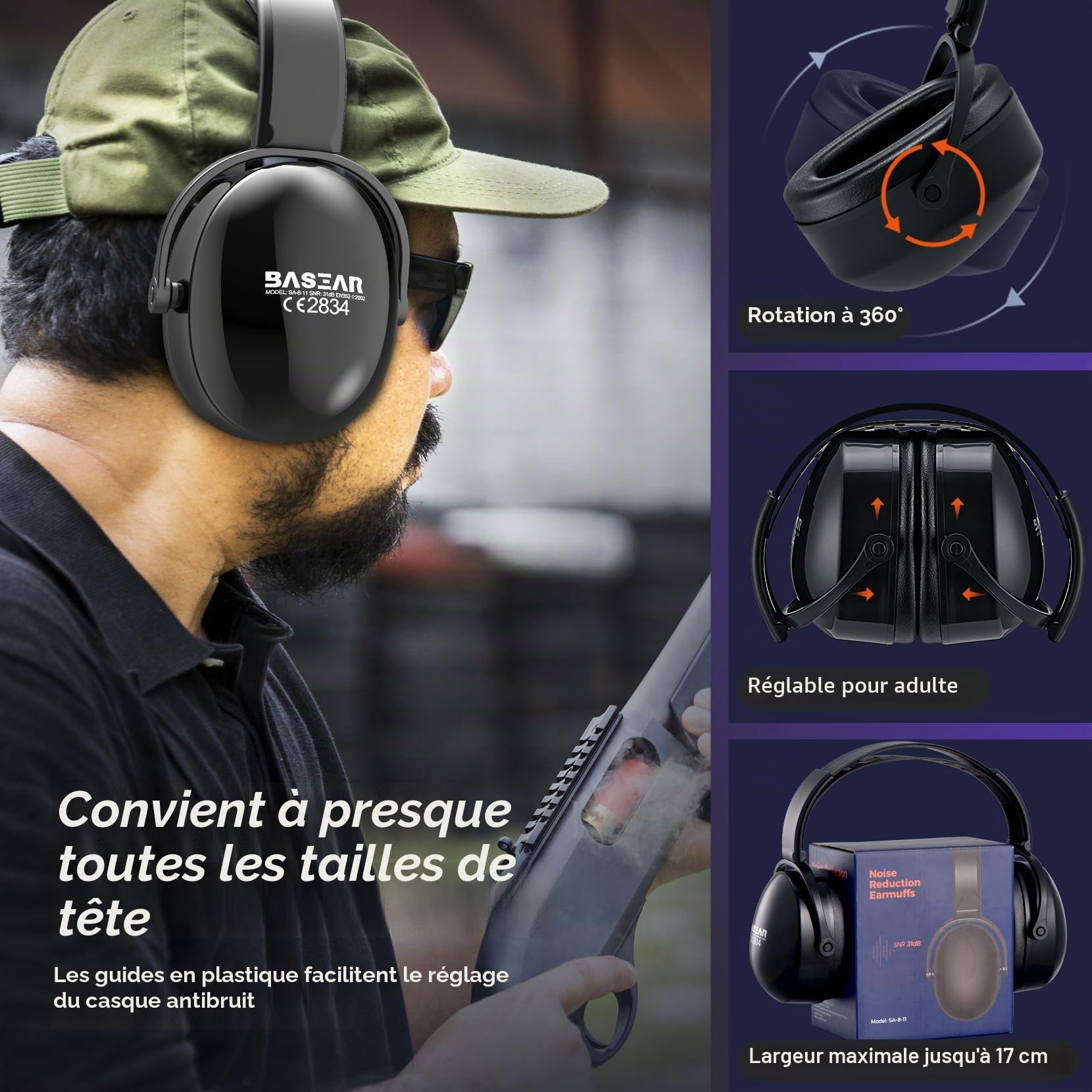 Protection auditive efficace pour la prise de vue, cache-oreilles SNR 36 dB, protection auditive avec bandeau réglable, cache-oreilles à pression inférieure pour la plage de prise de vue