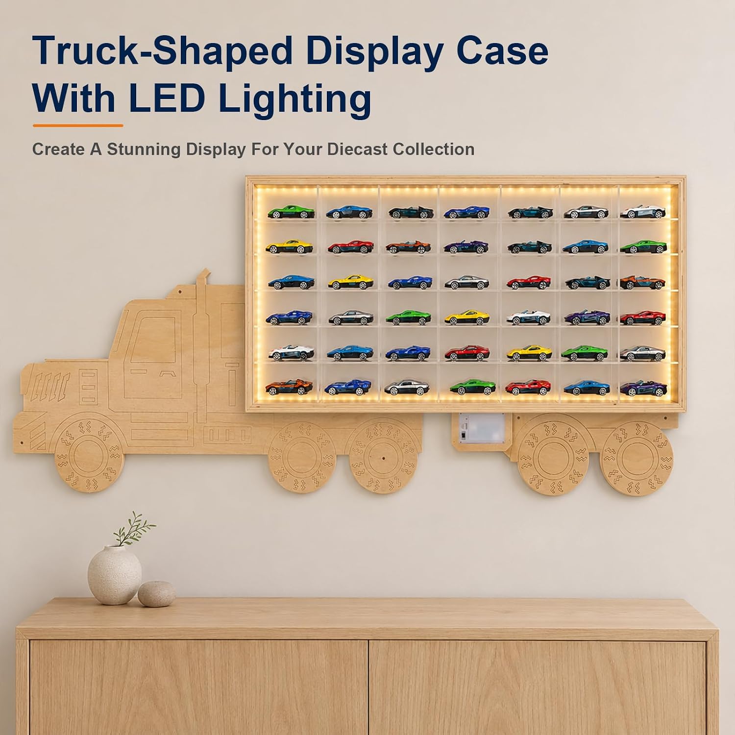 Wooden Toy Car Garage, 1/64 Diecast Car Display Shelf for 42 Cars, Truck-Shaped Toy Car Storage Cabinet with LED Lighting, DIY Panel, Acrylic Shelves, Wall Mounted or Tabletop