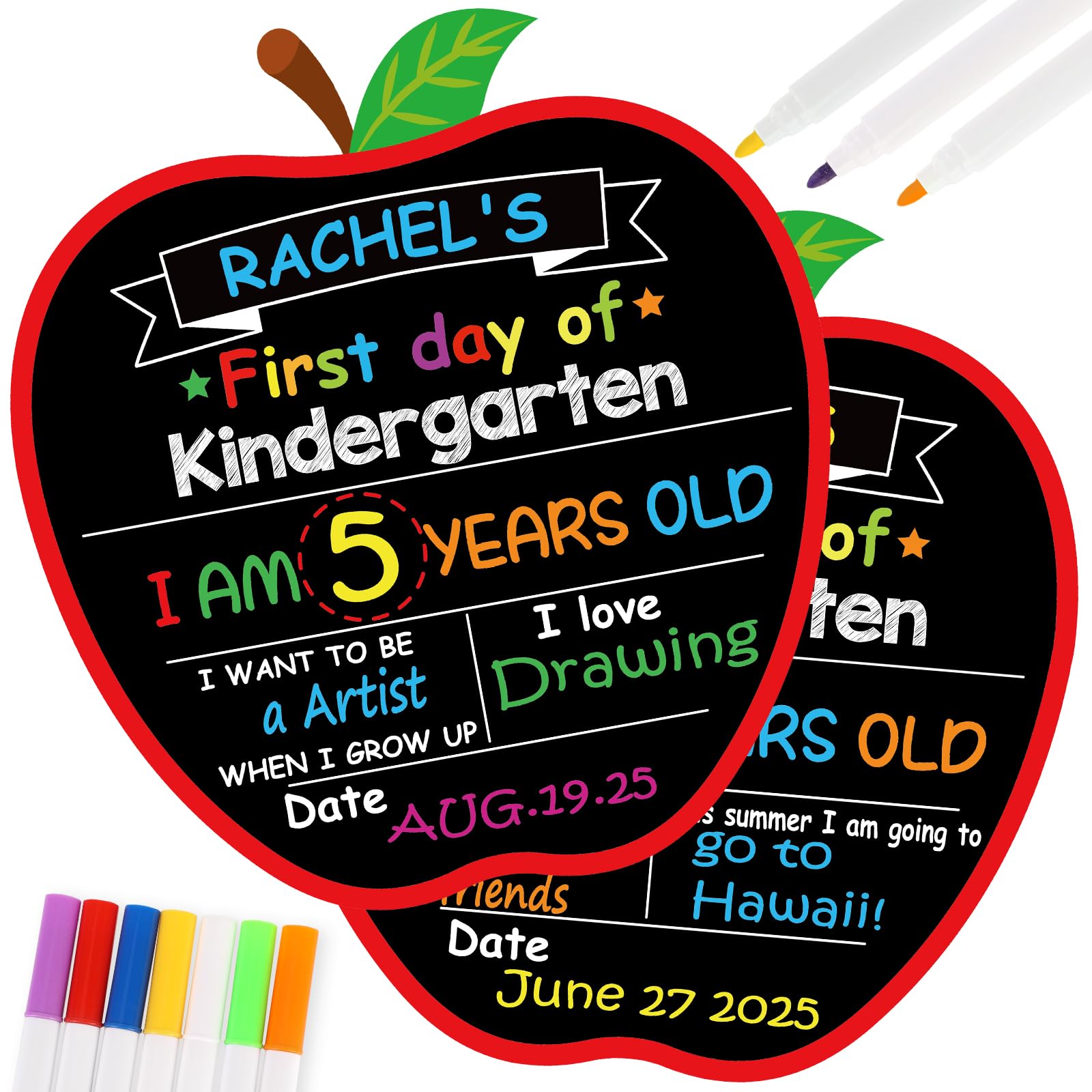 DPKOW Last and First Day of School Board, Apple-Shaped Chalk Board Nursery Preschool Blackboard Back to School Supplies with Colored Pens, Reusable Double Sided Chalkboard Nursery Preschool Gifts