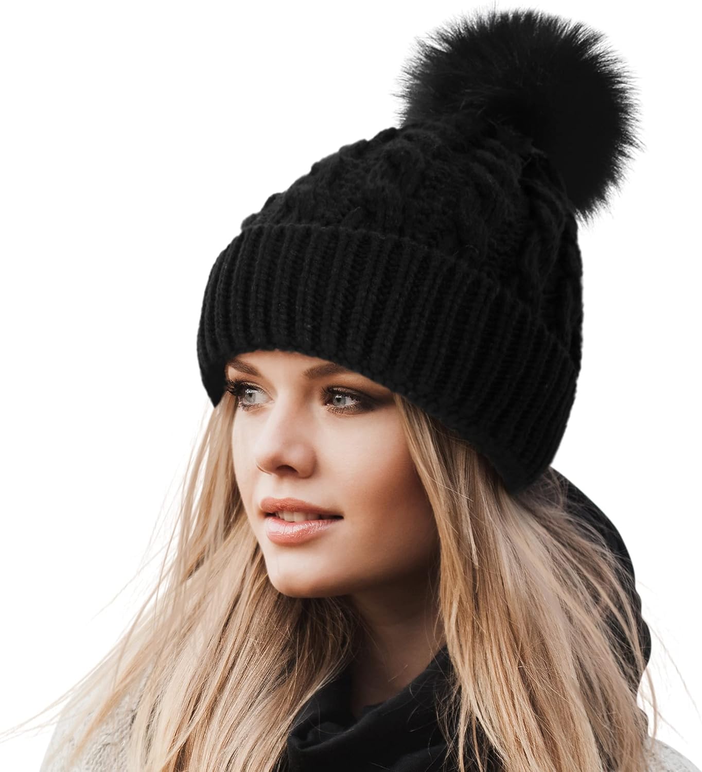 Black hat with fur pom Clearance