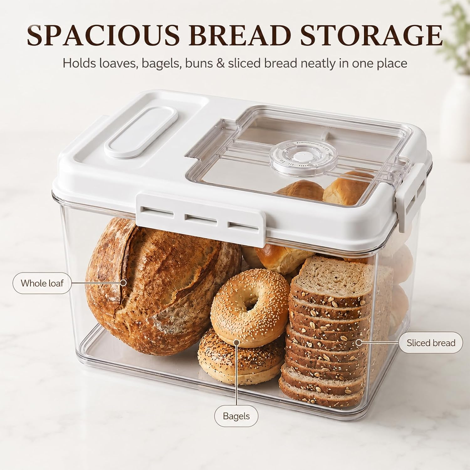 AirtightBread Box for Homemade Bread, Time Recording Fresh Bread Storage Container, Bread Keeper with Lid– Perfect for Homemade Bread, Toast, Bagel, Donut and Cookies, White/Clear