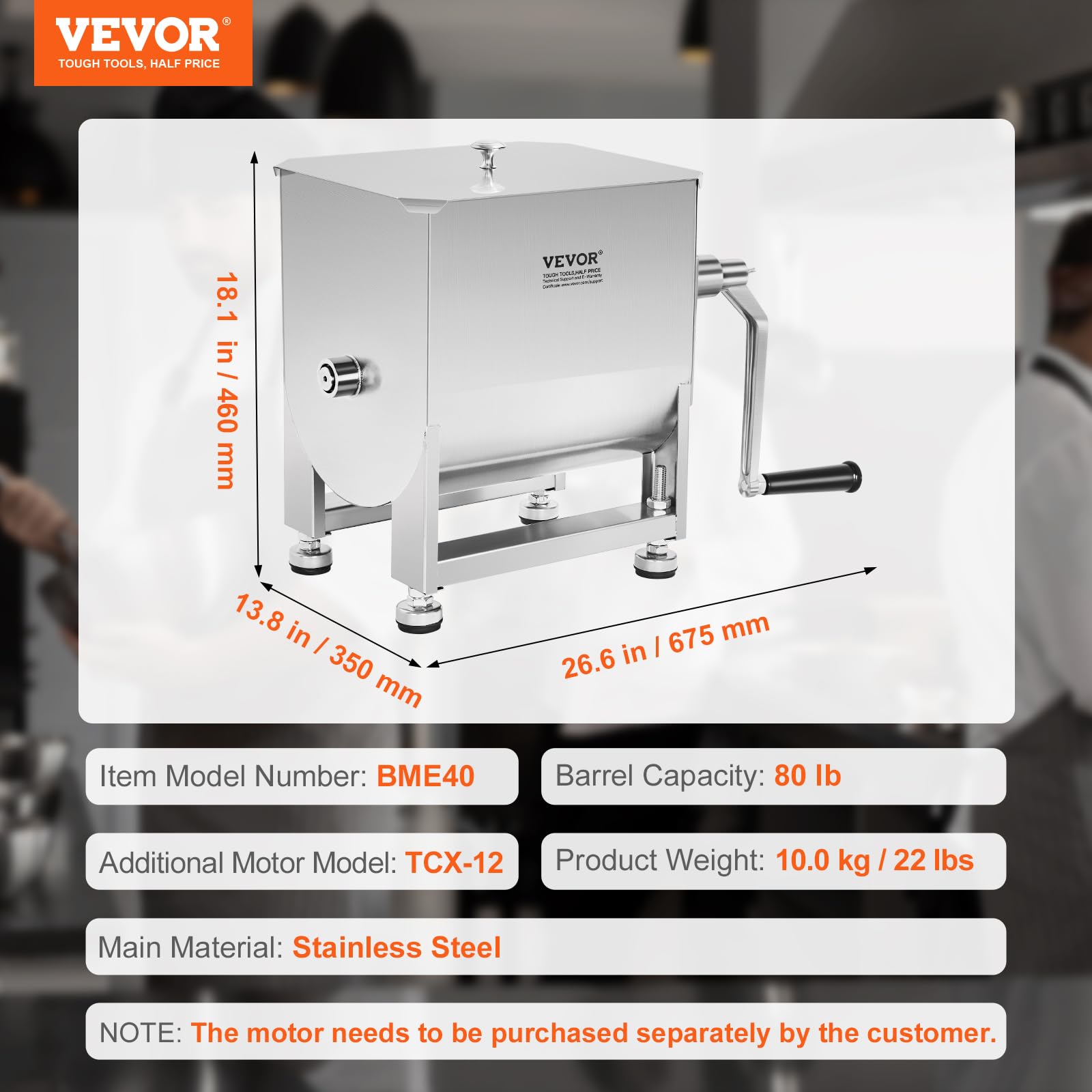 VEVOR Mezcladora de Carne Manual Tanque de 40 L, Equipo de Procesamiento de Carne, Capacidad Máxima de Mezcla de 27,2 kg, Mezcladora de Salchichas de Acero Inoxidable con Tapa, Caja de Engranajes