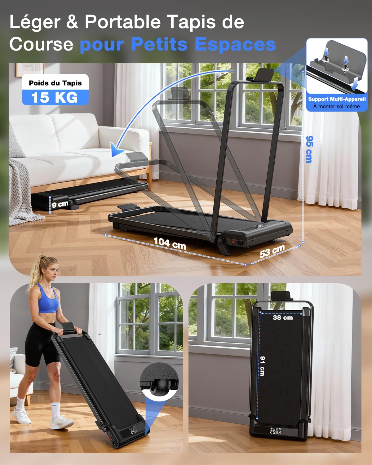 Tapis Roulant Elettrico 4 in 1 Pieghevole con Inclinazione 8% – 3.0CV Motore Silenzioso, 10 km/h, Sistema di Ammortizzazione, Schermo LED, Salvaspazio per Casa e Ufficio